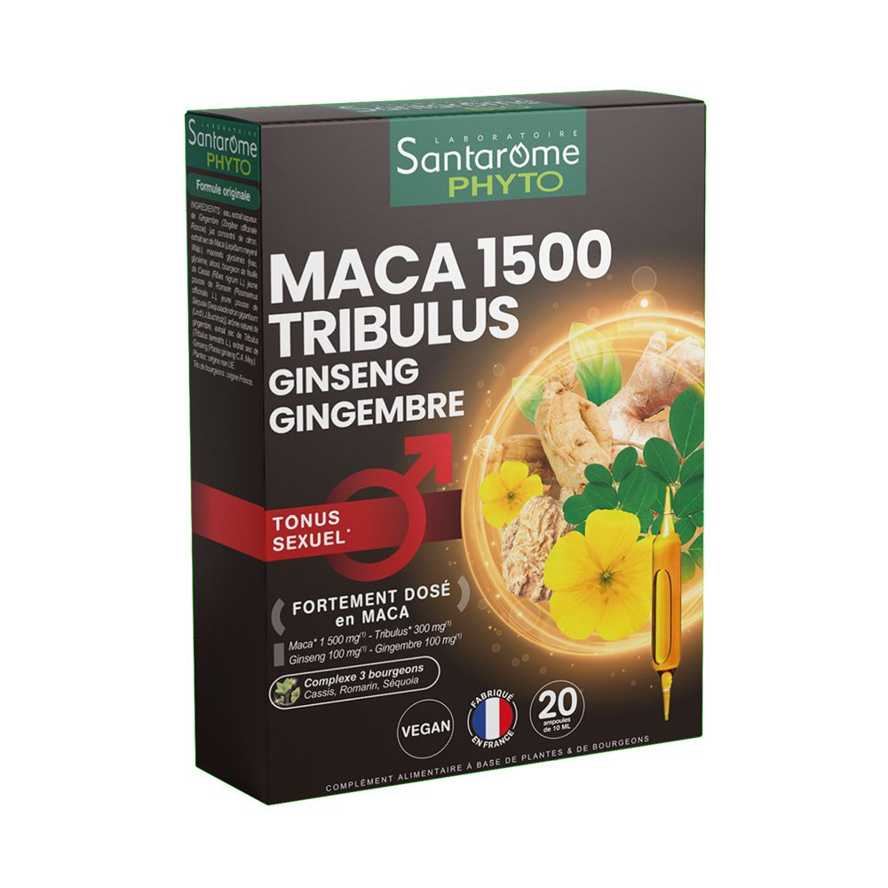 Boîte de SANTAROME BIO MACA1500 TRIBU. Contient 20 ampoules. Illustrations de plantes et texte en français.