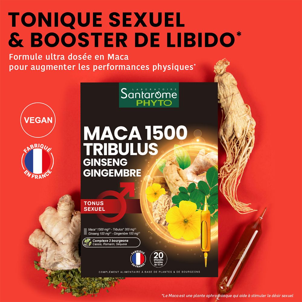 Emballage du produit SANTAROME BIO MACA1500 TRIBU sur fond rouge. Illustrations de plantes et texte en français.