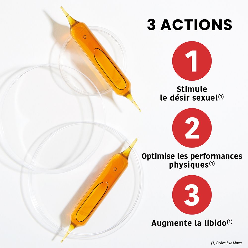 Trois ampoules dans des contenants transparents. Texte en français : 3 actions. Stimule le désir sexuel.
