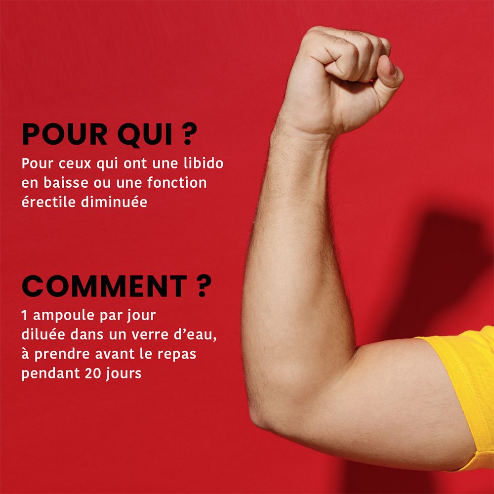 Bras avec poing serré. Texte en français : Pour qui ? Pour ceux avec une faible libido ou une dysfonction érectile.