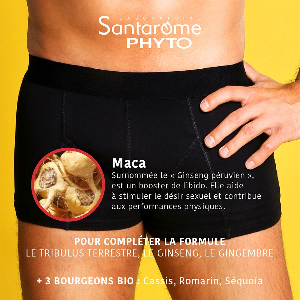 Homme en sous-vêtements. Texte en français : Maca, un booster de libido. Complété par Tribulus Terrestris, Ginseng, Gingembre.