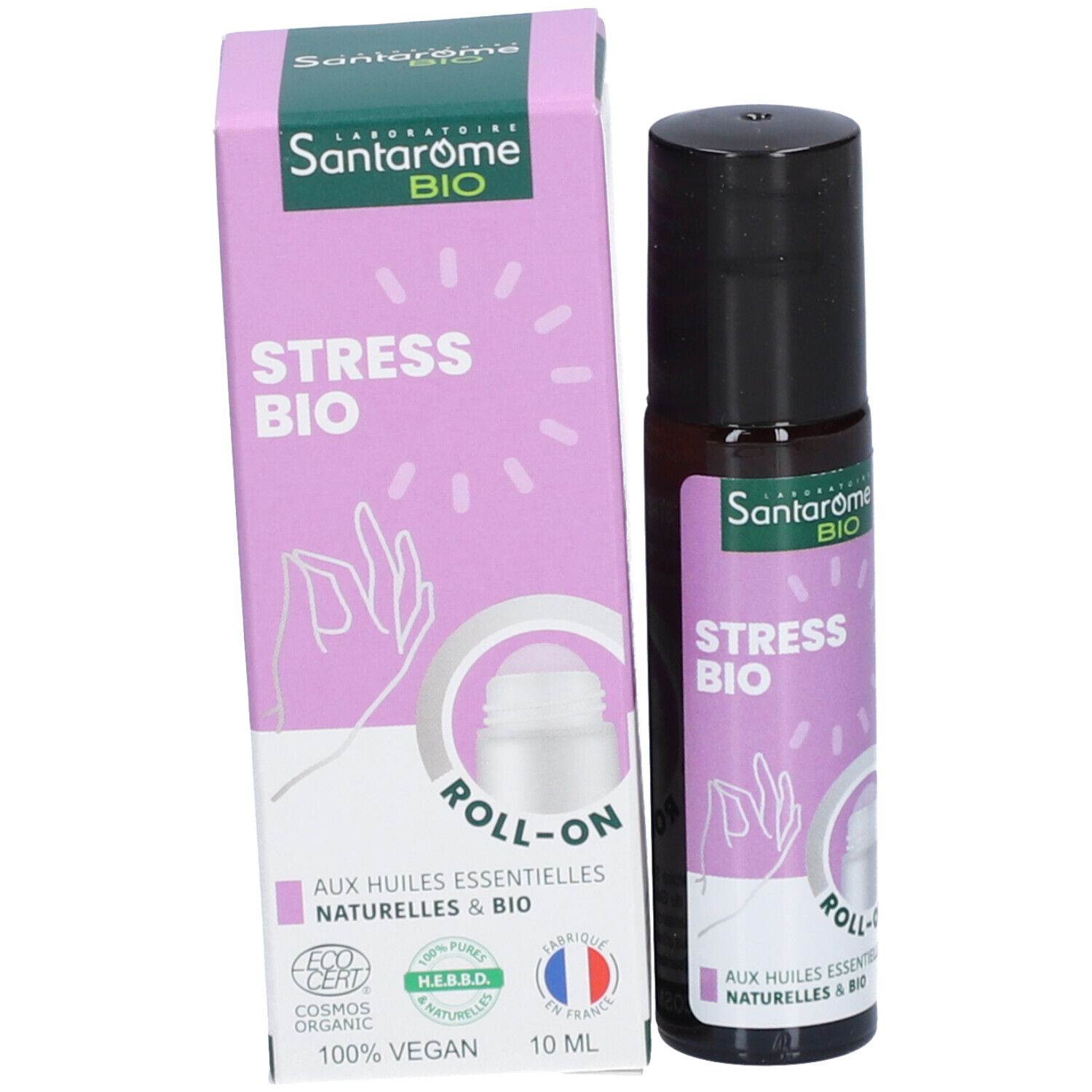 Produit et emballage. Flacon en verre brun et boîte violette. Inscription: Santarome BIO, Stress BIO, Roll-On.