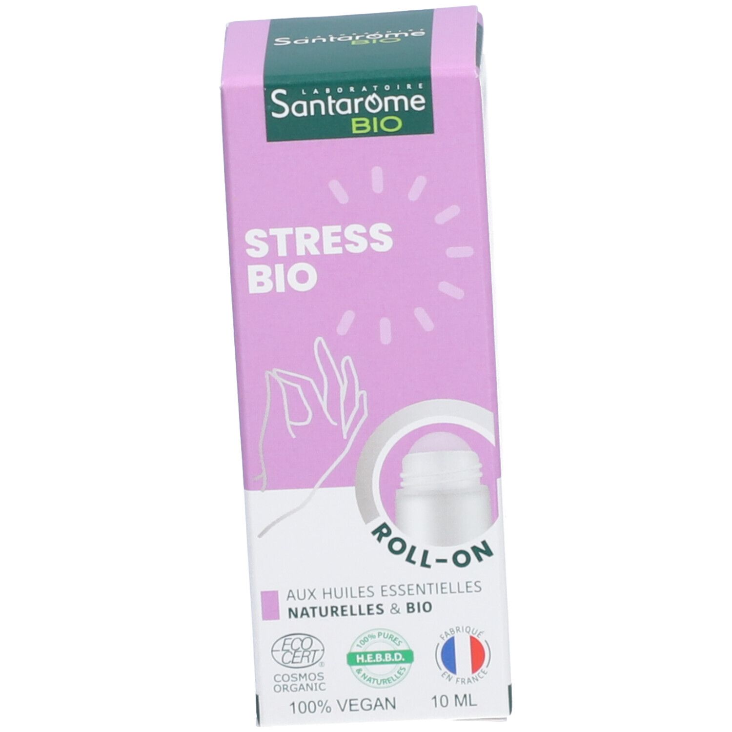 Boîte violette. Inscription: Santarome BIO, Stress BIO, Roll-On. Logos et texte.