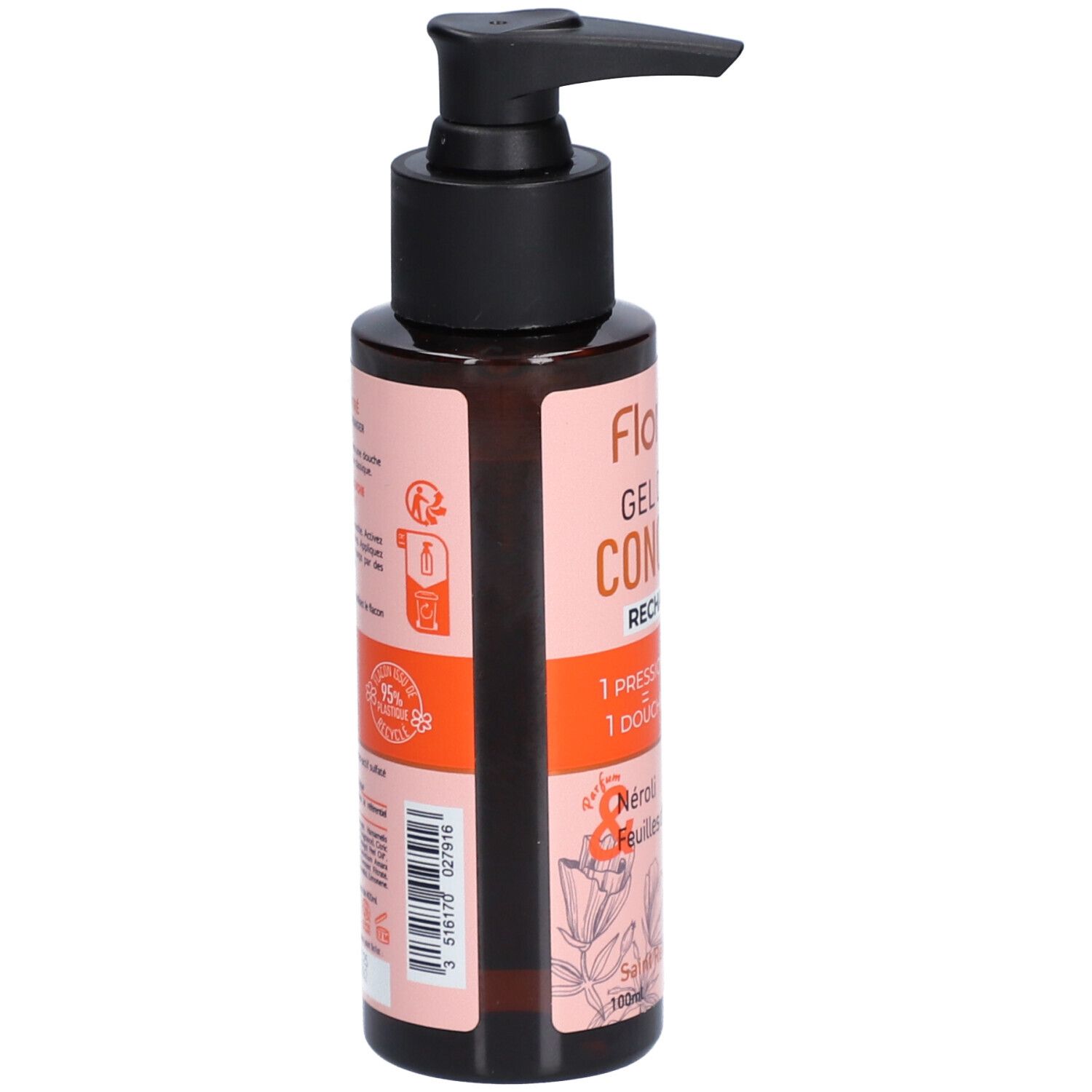 Flacon marron avec pompe noire. Inscription: Florame Gel Douche Concentré. Label bio. Néroli et feuilles d'oranger.