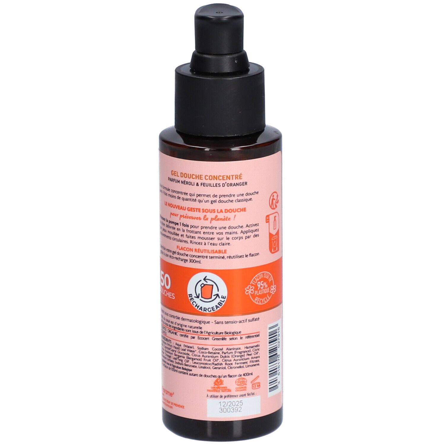 Flacon marron avec pompe noire. Inscription: Florame Gel Douche Concentré. Label bio. Néroli et feuilles d'oranger.
