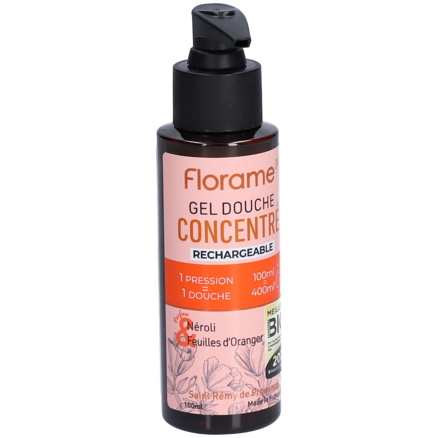 Flacon marron avec pompe noire. Inscription: Florame Gel Douche Concentré. Label bio. Néroli et feuilles d'oranger.