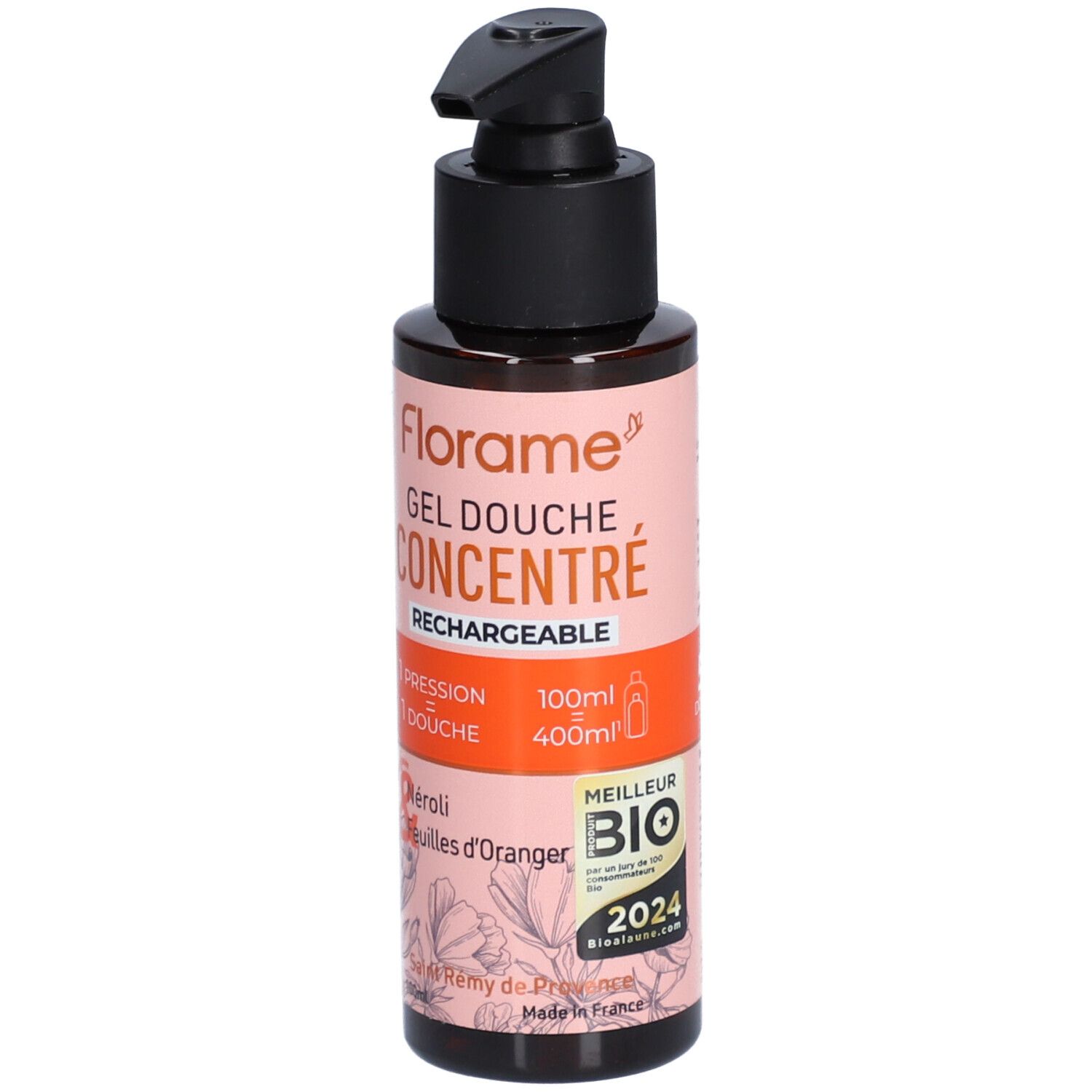 Flacon marron avec pompe noire. Inscription: Florame Gel Douche Concentré. Label bio. Néroli et feuilles d'oranger.