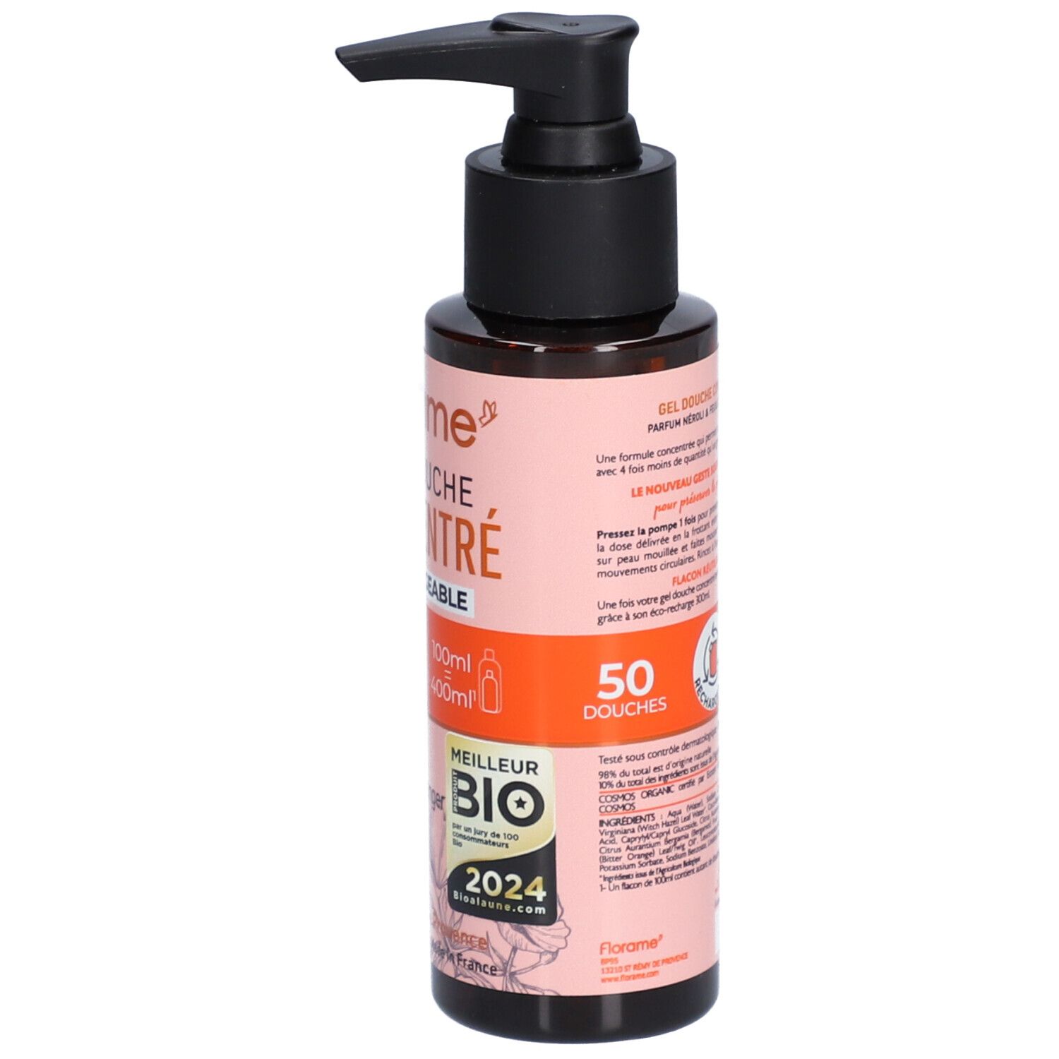 Flacon marron avec pompe noire. Inscription: Florame Gel Douche Concentré. Label bio. Néroli et feuilles d'oranger.