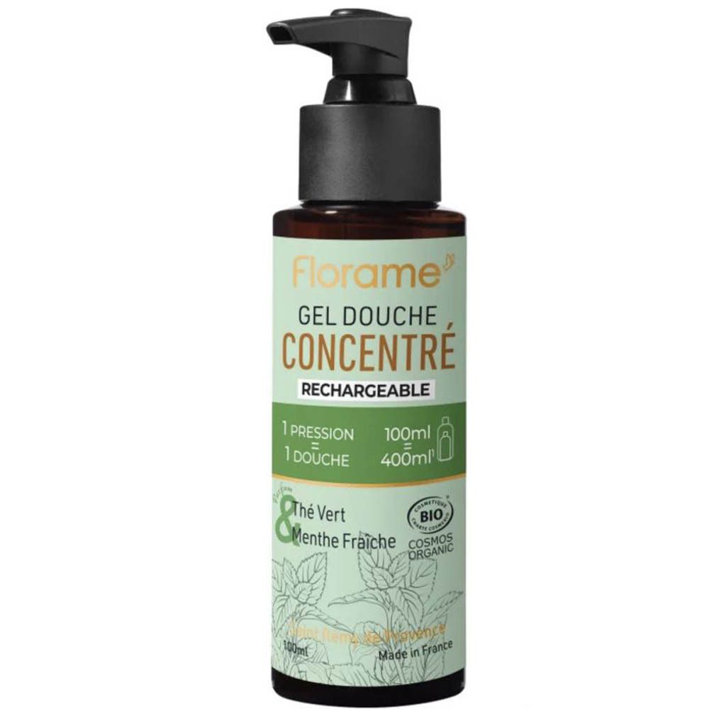 Flacon marron avec pompe noire. Inscription : Florame Gel Douche Concentré, Thé Vert, Menthe Fraîche. Certification bio.