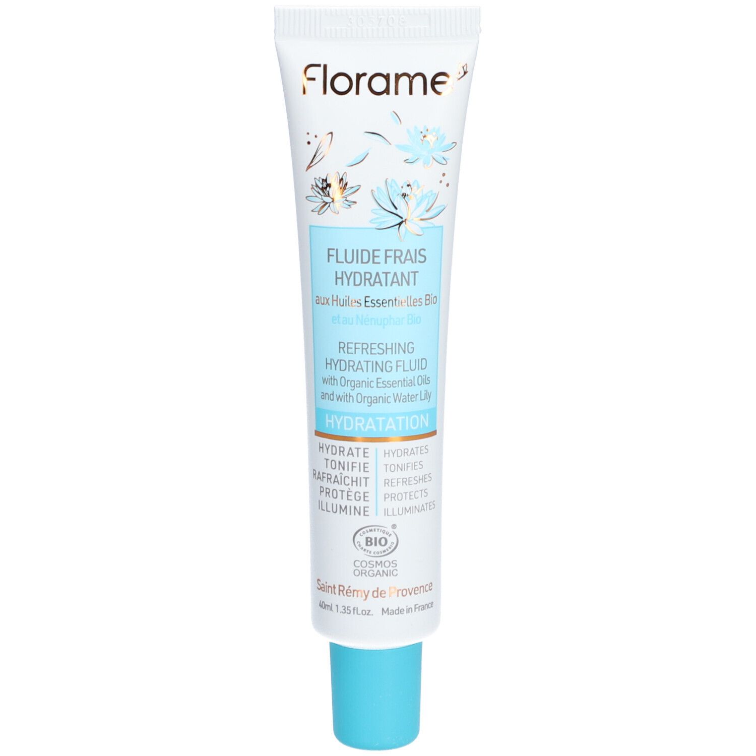 Weiße Tube mit blauem Verschluss. Aufschrift: Florame, Fluide Frais Hydratant, Hydratation. Bio-Zertifizierung.