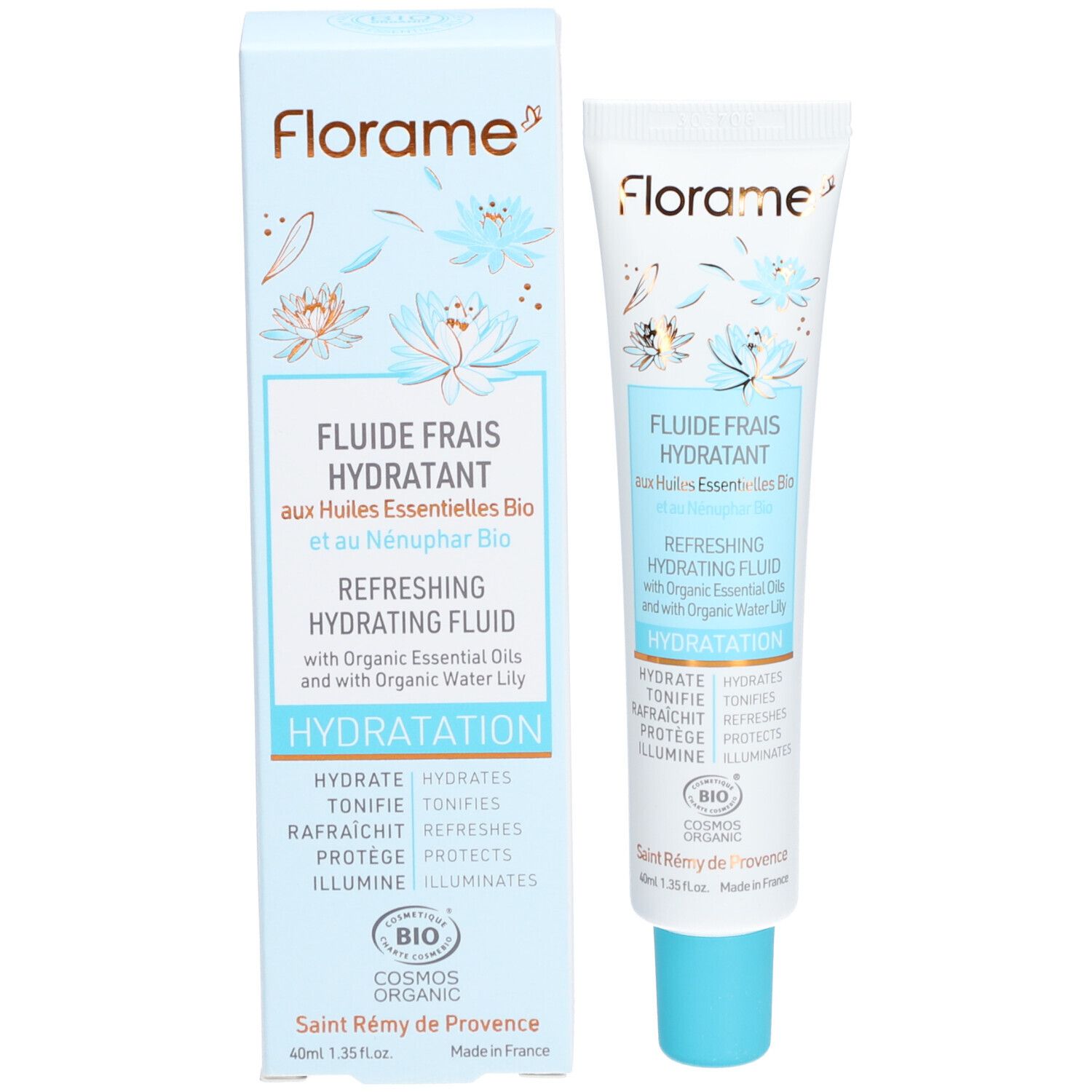 Produktverpackung: Tube und Schachtel. Aufschrift: Florame, Fluide Frais Hydratant, Hydratation. Bio-Zertifizierung.