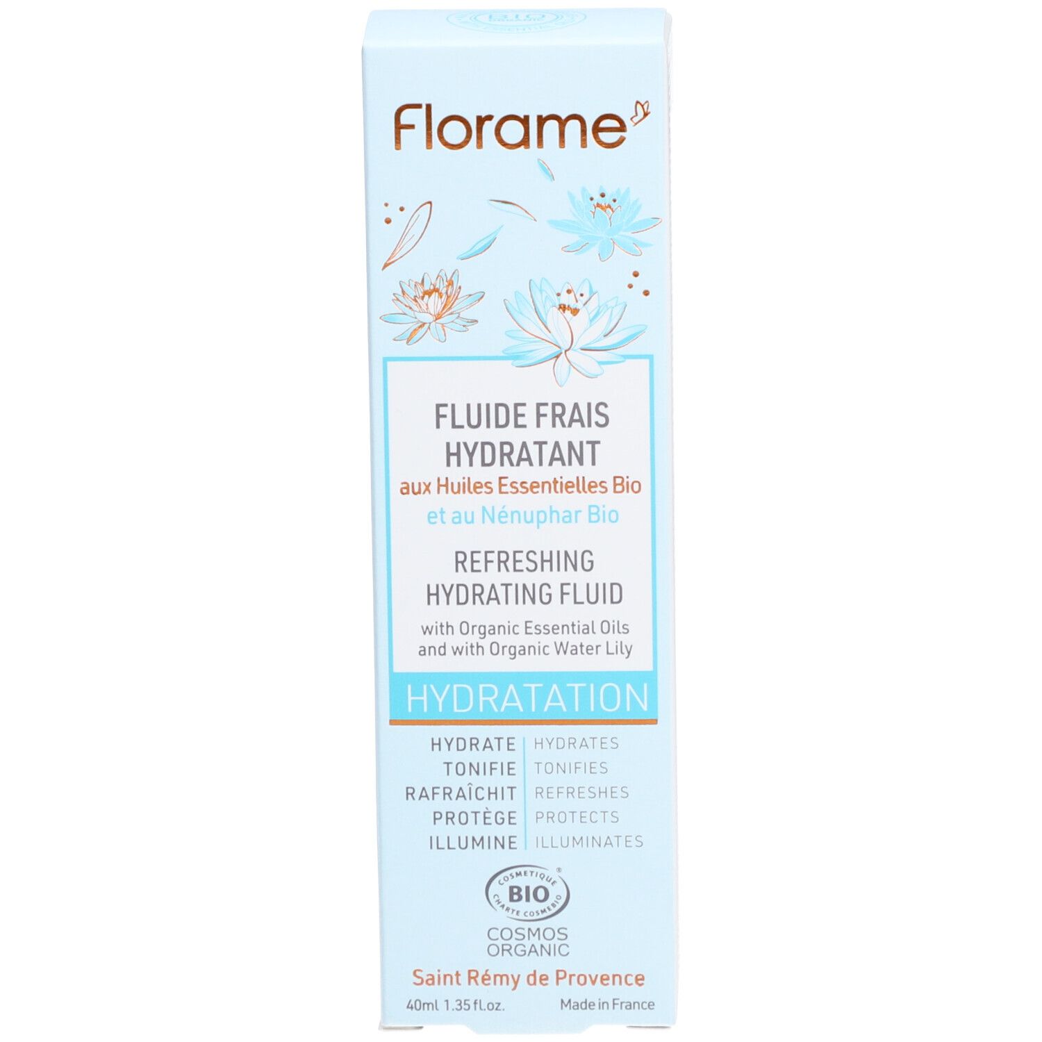 Schachtel mit Produktinformationen. Aufschrift: Florame, Fluide Frais Hydratant, Hydratation. Bio-Zertifizierung.