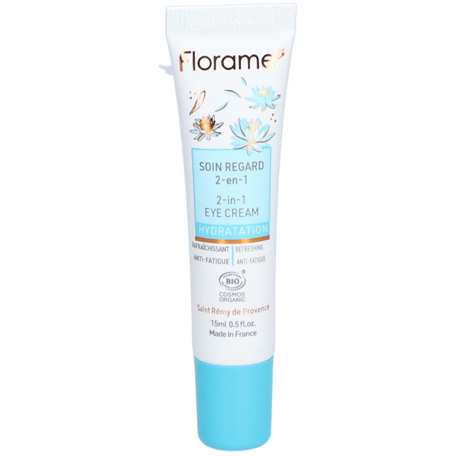 Weiße Tube mit blauem Deckel. Aufschrift: Florame, Soin Regard 2-en-1, 2-in-1 Eye Cream, Hydratation. Bio-Siegel.