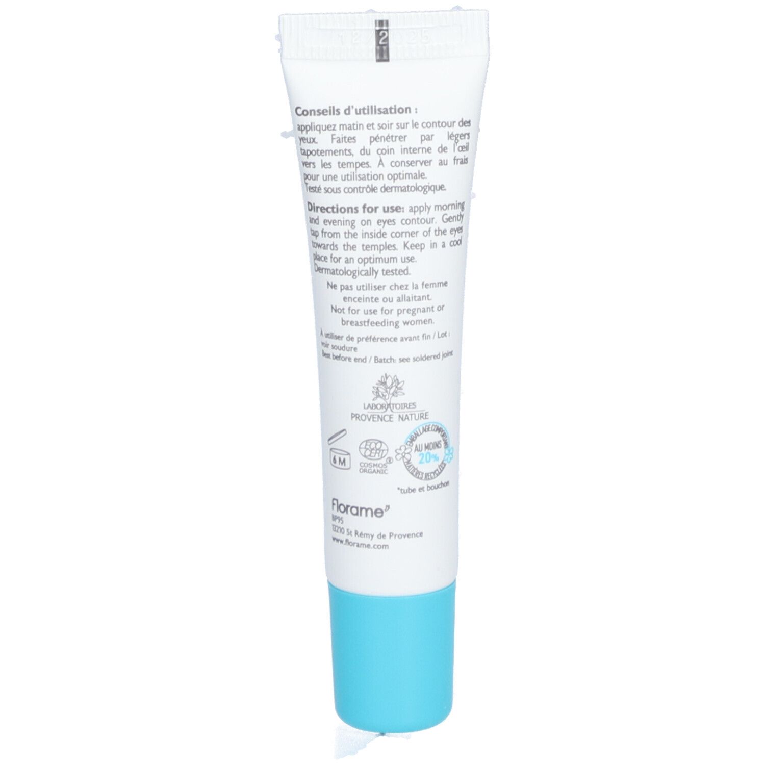 Rückseite der Tube. Text: Anwendungshinweise, Inhaltsstoffe, Laboratoire Provence Nature, Bio-Siegel.