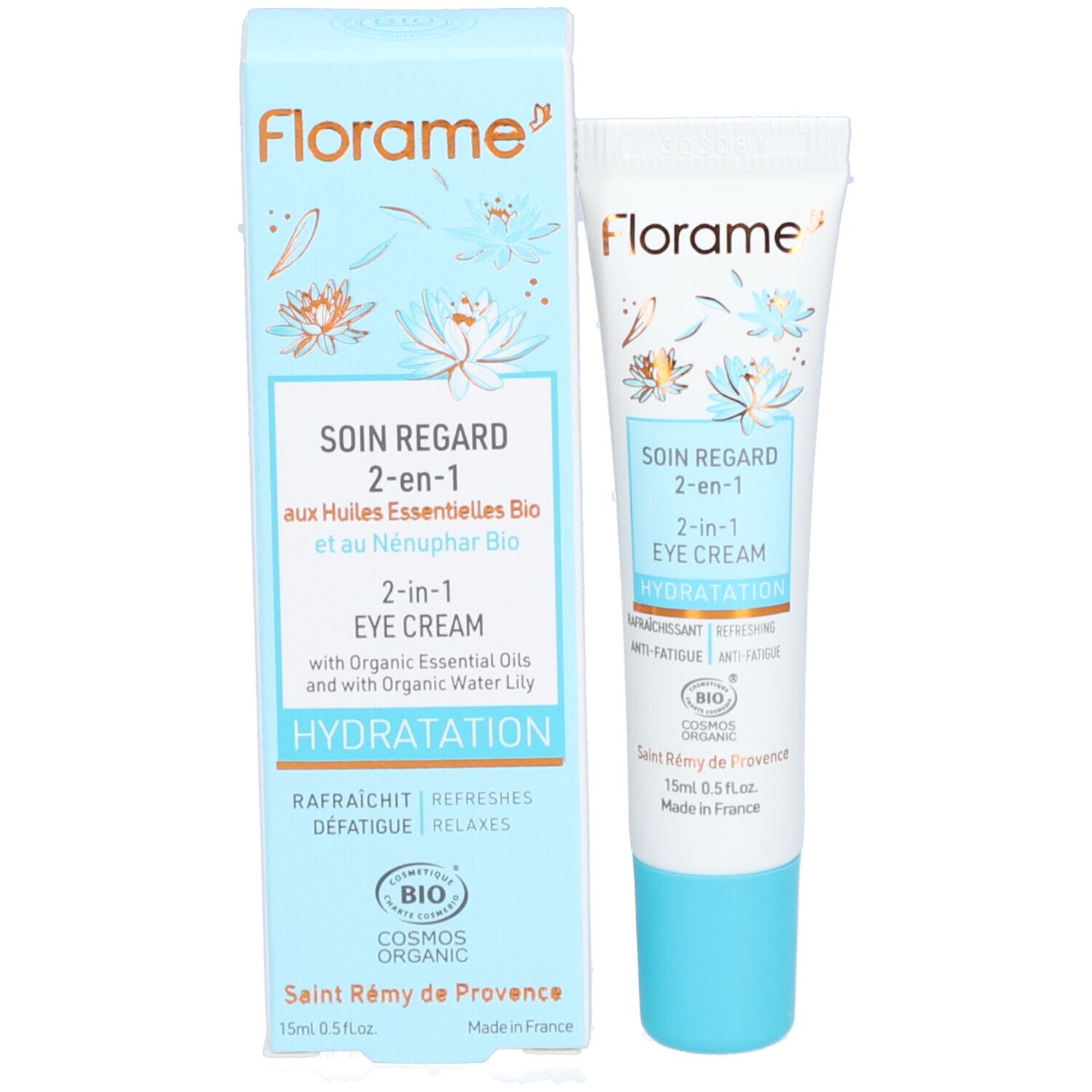 Produktverpackung mit Tube und Schachtel. Aufschrift: Florame, Soin Regard 2-en-1, 2-in-1 Eye Cream, Hydratation. Bio-Siegel.