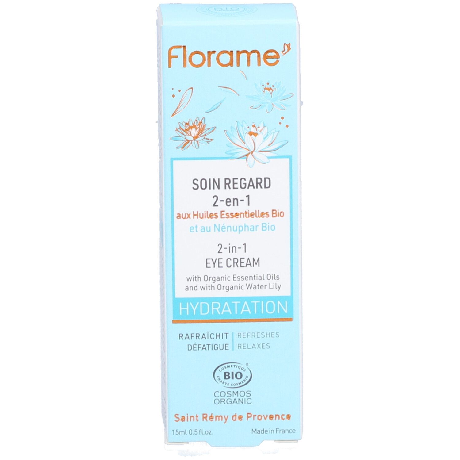 Hellblaue Produktverpackung. Aufschrift: Florame, Soin Regard 2-en-1, 2-in-1 Eye Cream, Hydratation. Bio-Siegel.