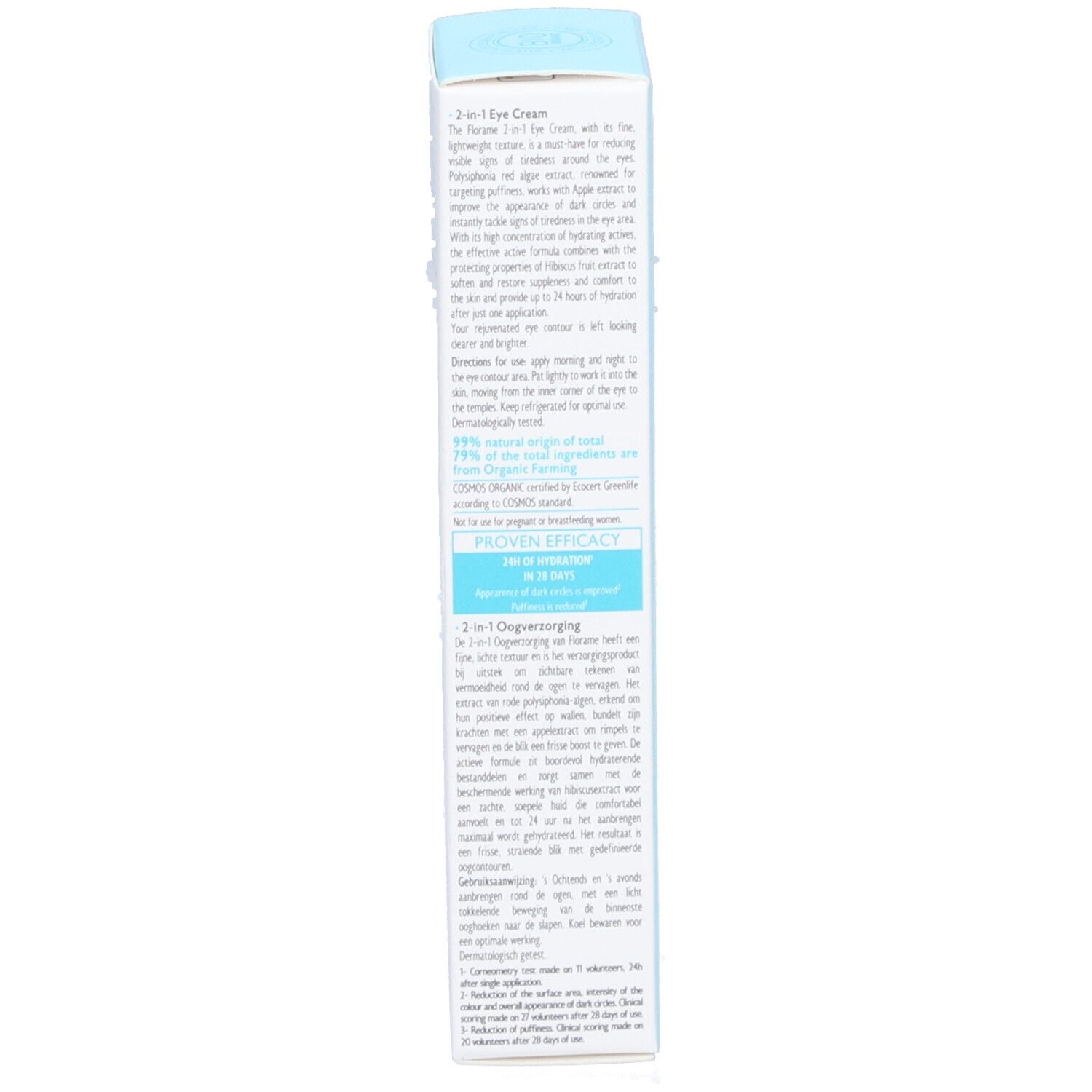 Produktverpackung, Seite. Text: 2-in-1 Eye Cream, Inhaltsstoffe, Anwendung, Proven Efficacy, COSMOS ORGANIC.