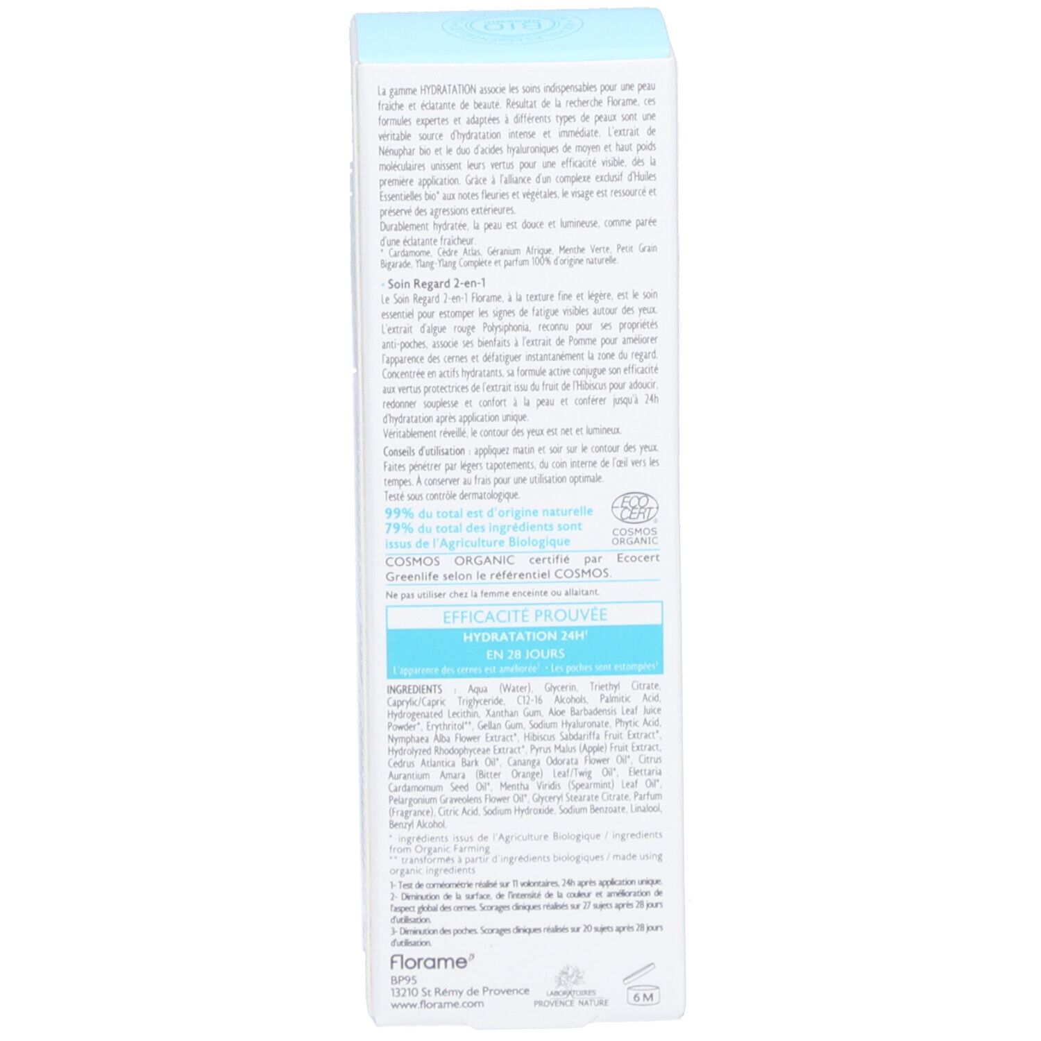 Produktverpackung, Seite. Text: Anwendung, Inhaltsstoffe, COSMOS ORGANIC, Efficacité prouvée Hydratation 24H.