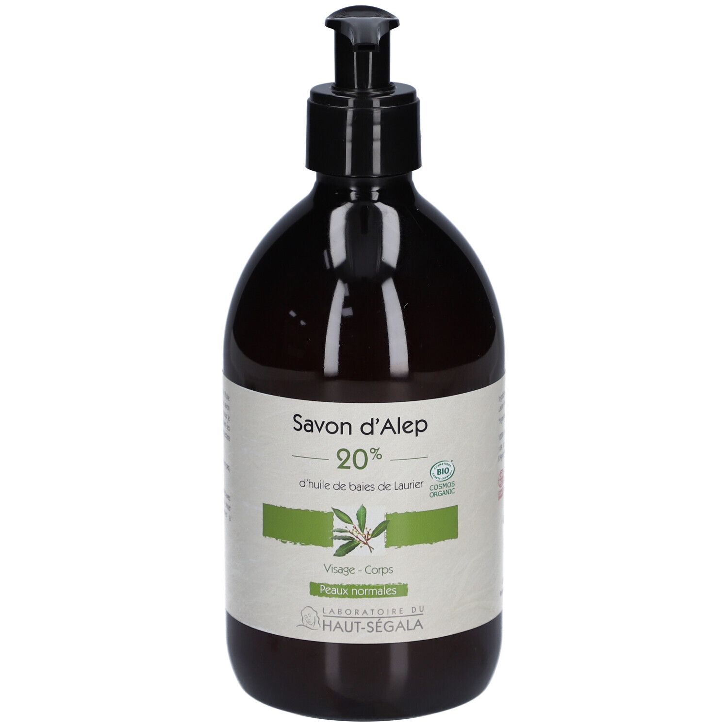 Flacon brun avec pompe noire. Étiquette avec texte: Savon d'Alep 20%, d'huile de baies de Laurier. Label bio.