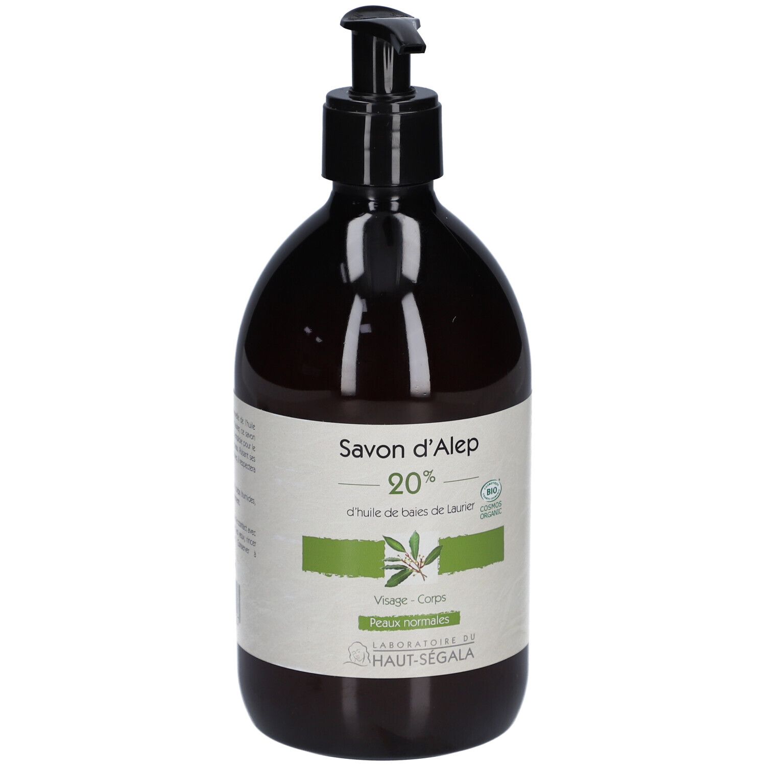 Flacon brun avec pompe noire. Étiquette avec texte: Savon d'Alep 20%, d'huile de baies de Laurier. Label bio.
