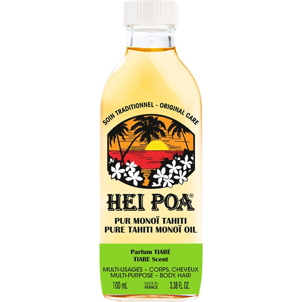 Flacon HEI POA Pur Monoï de Tahiti. Parfum Tiaré. Étiquette verte et blanche. 100 ml. Soin Traditionnel.