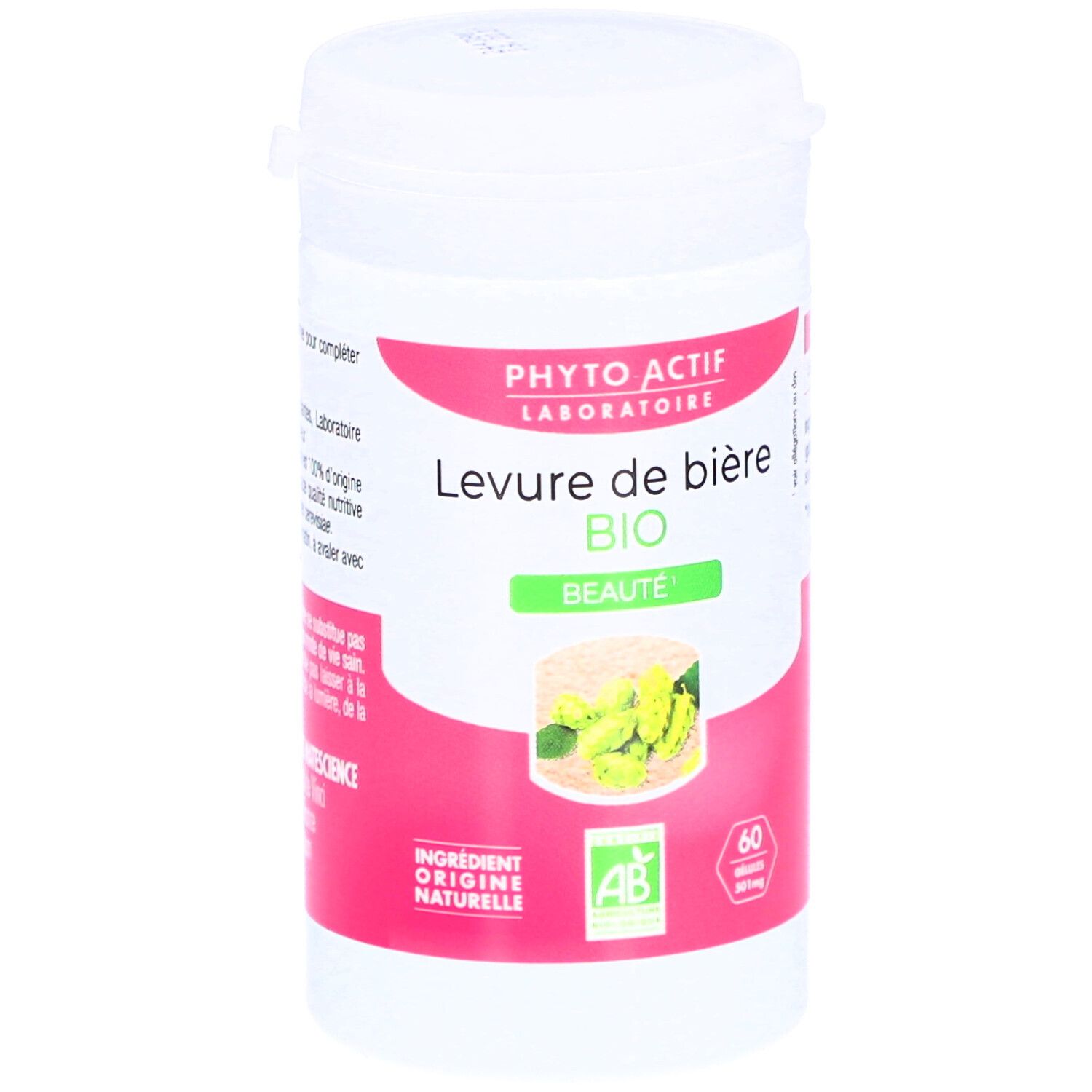 Flacon cylindrique blanc avec étiquettes roses et vertes. Inscription: PHYTO ACTIF, Levure de bière BIO, label AB, 60 gélules.