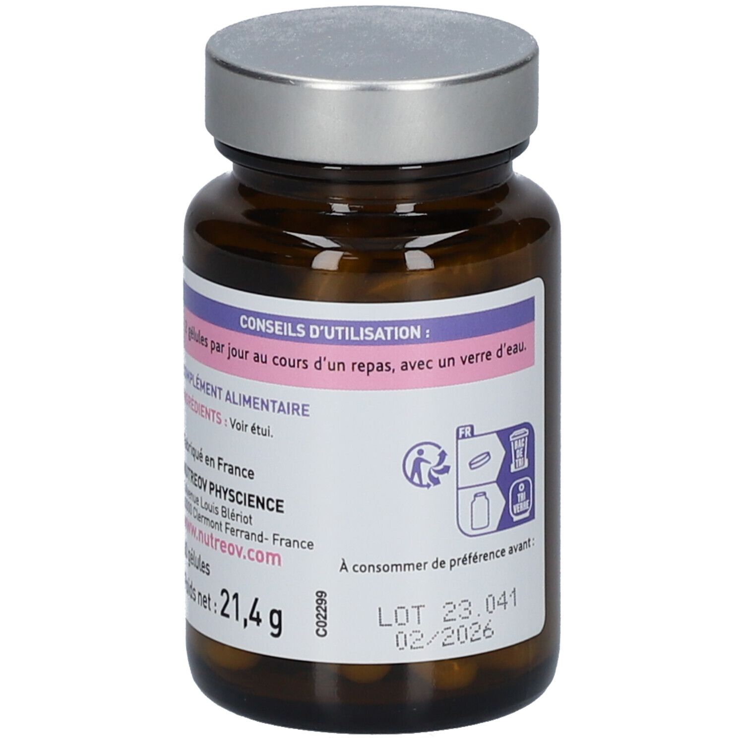 Flacon en verre brun avec capsules. Informations au dos, date de péremption et coordonnées fabricant.