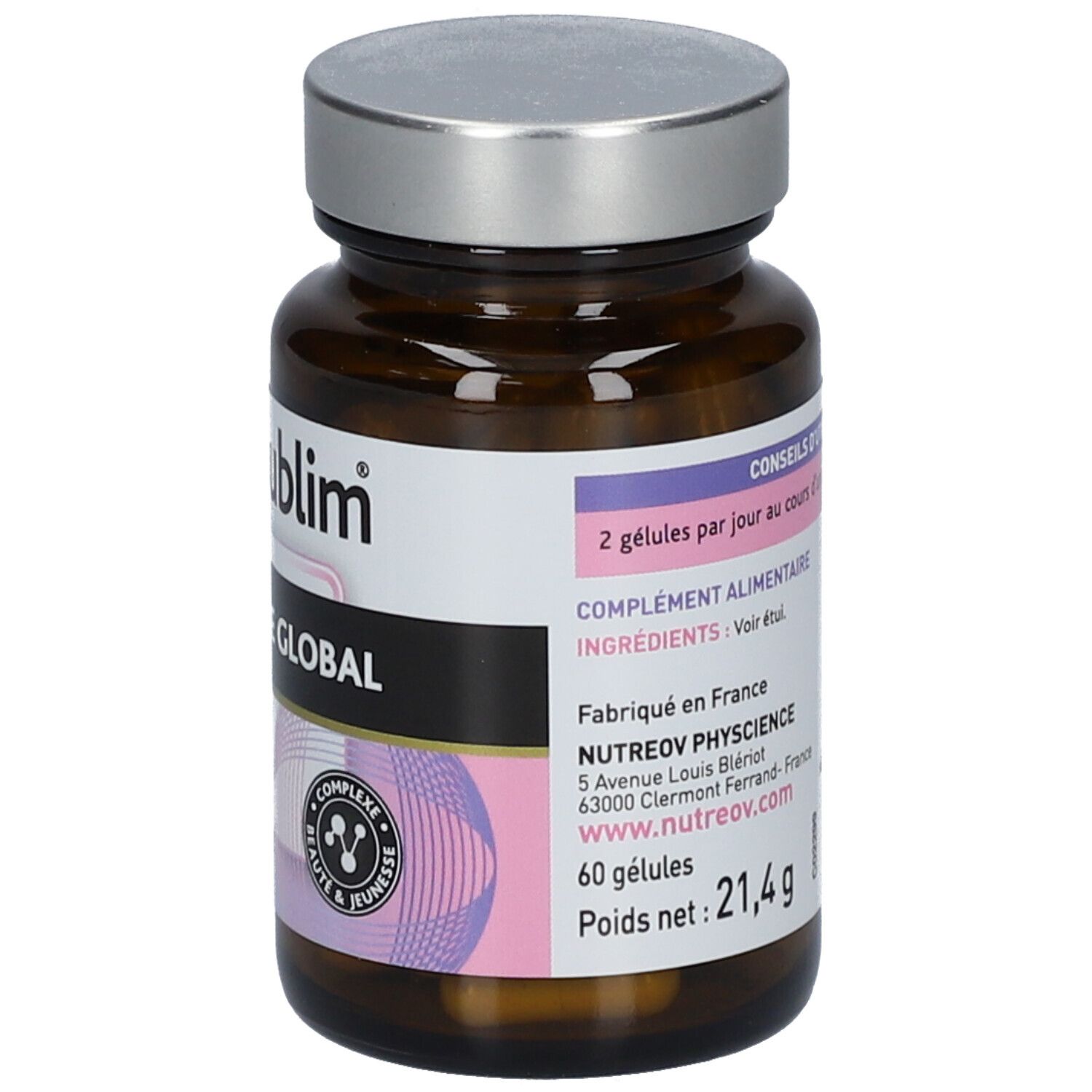 Flacon en verre brun avec capsules. Inscription Skinsublim Anti-Âge Global. 60 gélules, 21,4 g.