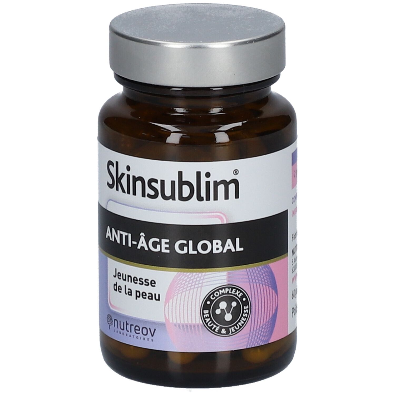 Flacon en verre brun avec capsules. Inscription Skinsublim Anti-Âge Global. Marque Nutreov.