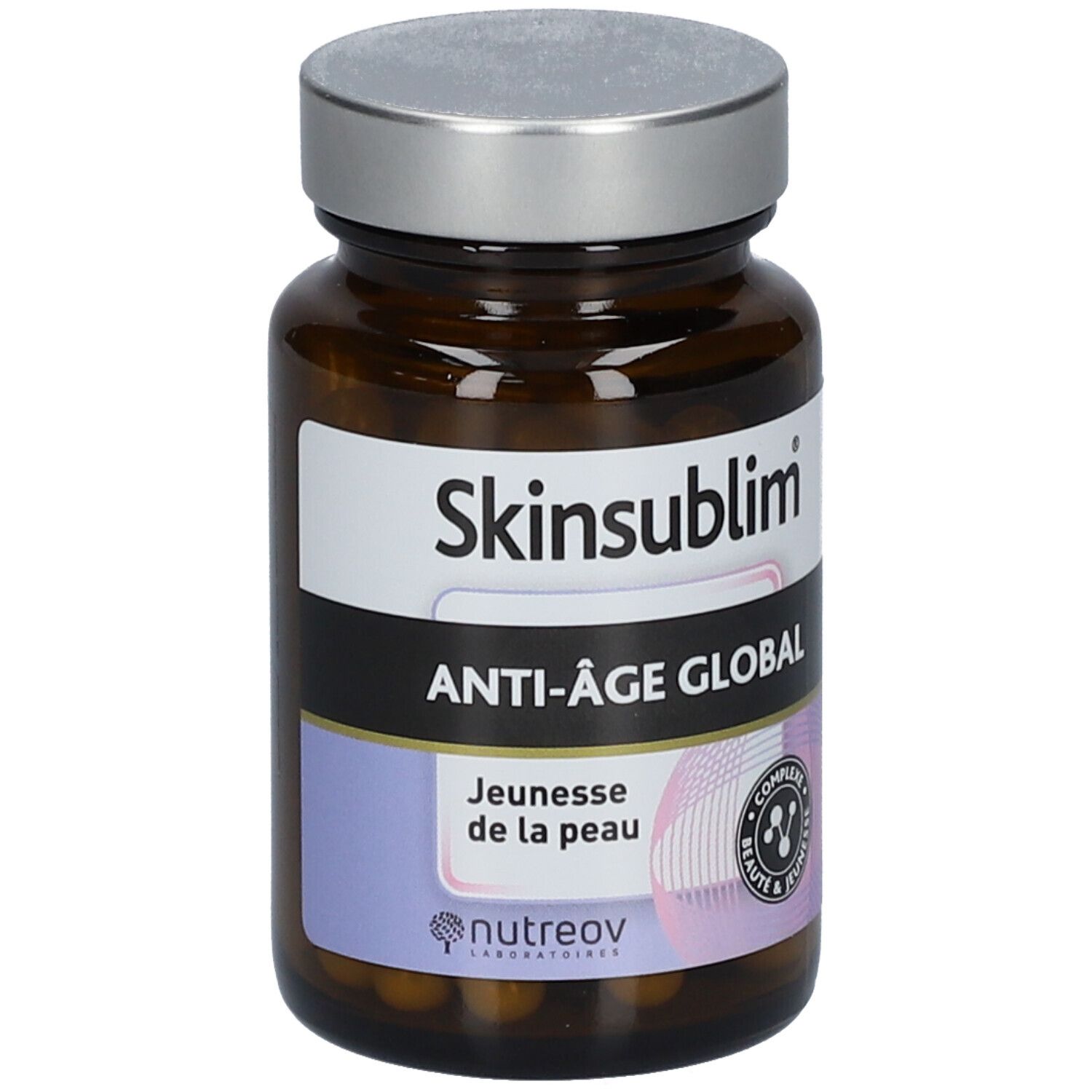 Flacon en verre brun avec capsules. Inscription Skinsublim Anti-Âge Global. Marque Nutreov.