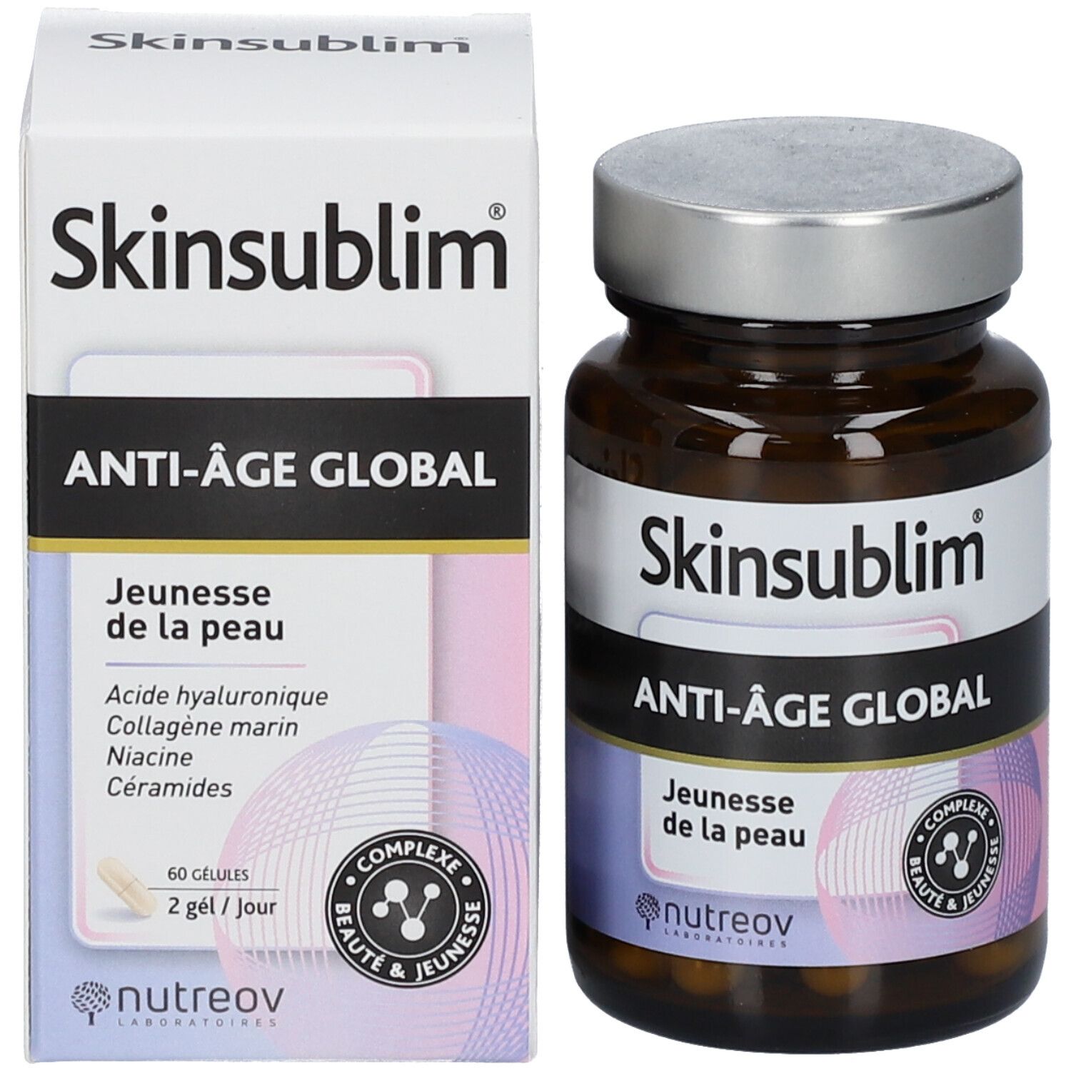Emballage et flacon avec capsules. Inscription Skinsublim Anti-Âge Global. Marque Nutreov.