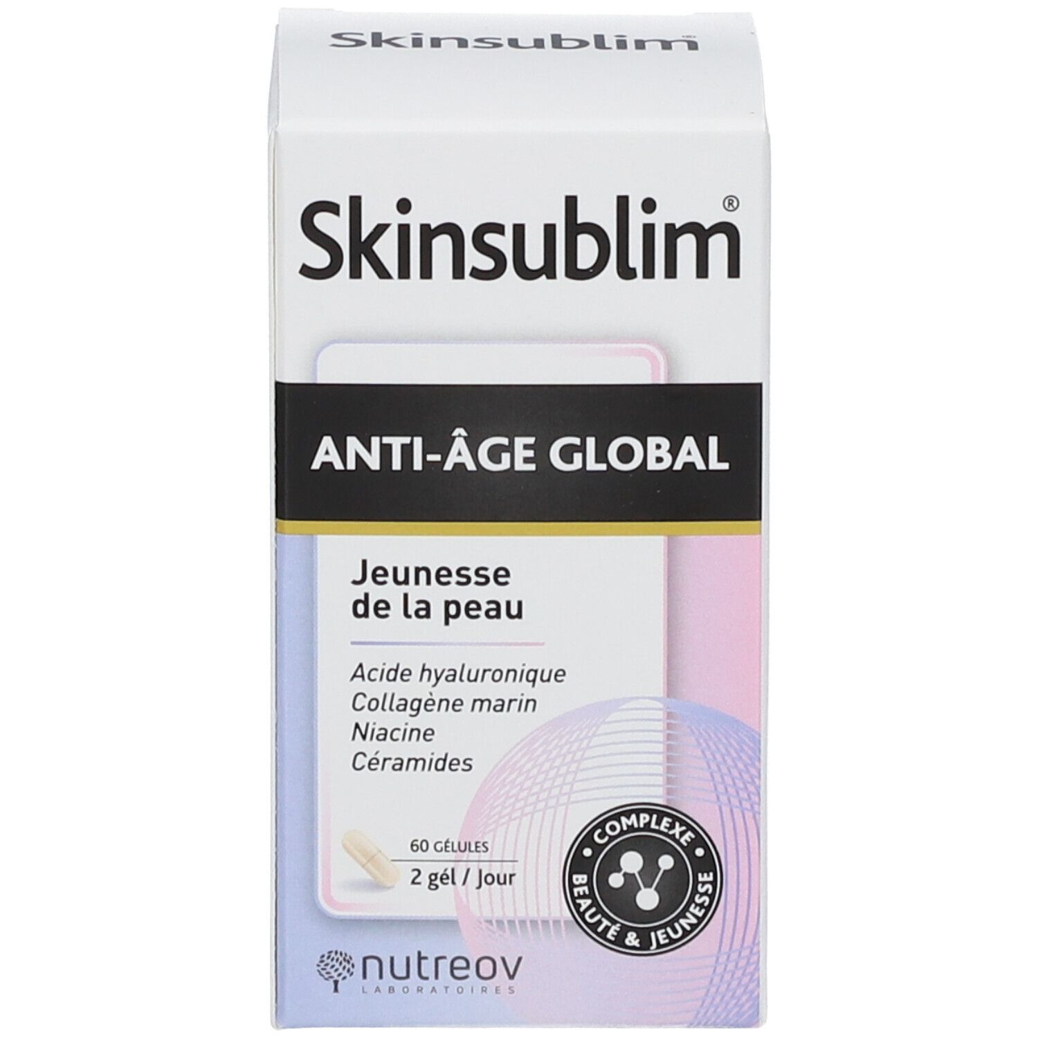 Emballage avec inscription Skinsublim Anti-Âge Global. Marque Nutreov. 60 gélules.