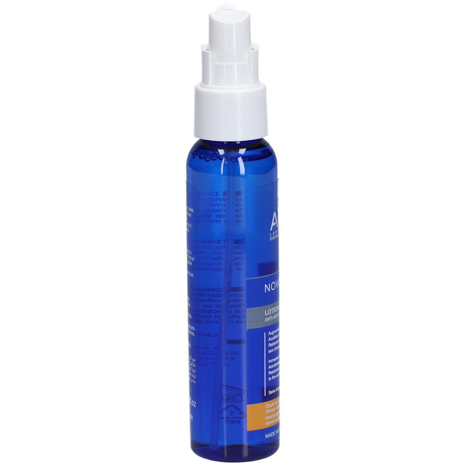 Flacon bleu avec tête de pulvérisation blanche. Inscription: ACM Novophane Lotion anti-chûte de cheveux.