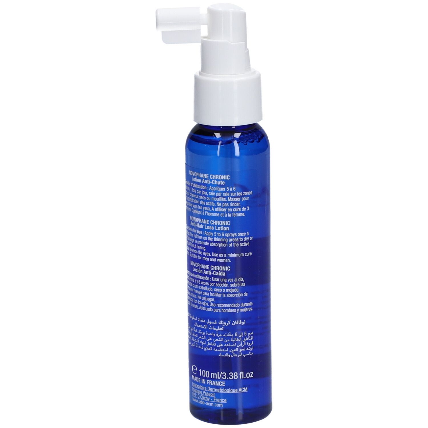Flacon bleu avec tête de pulvérisation blanche. Inscription: ACM Novophane Lotion anti-chûte de cheveux.