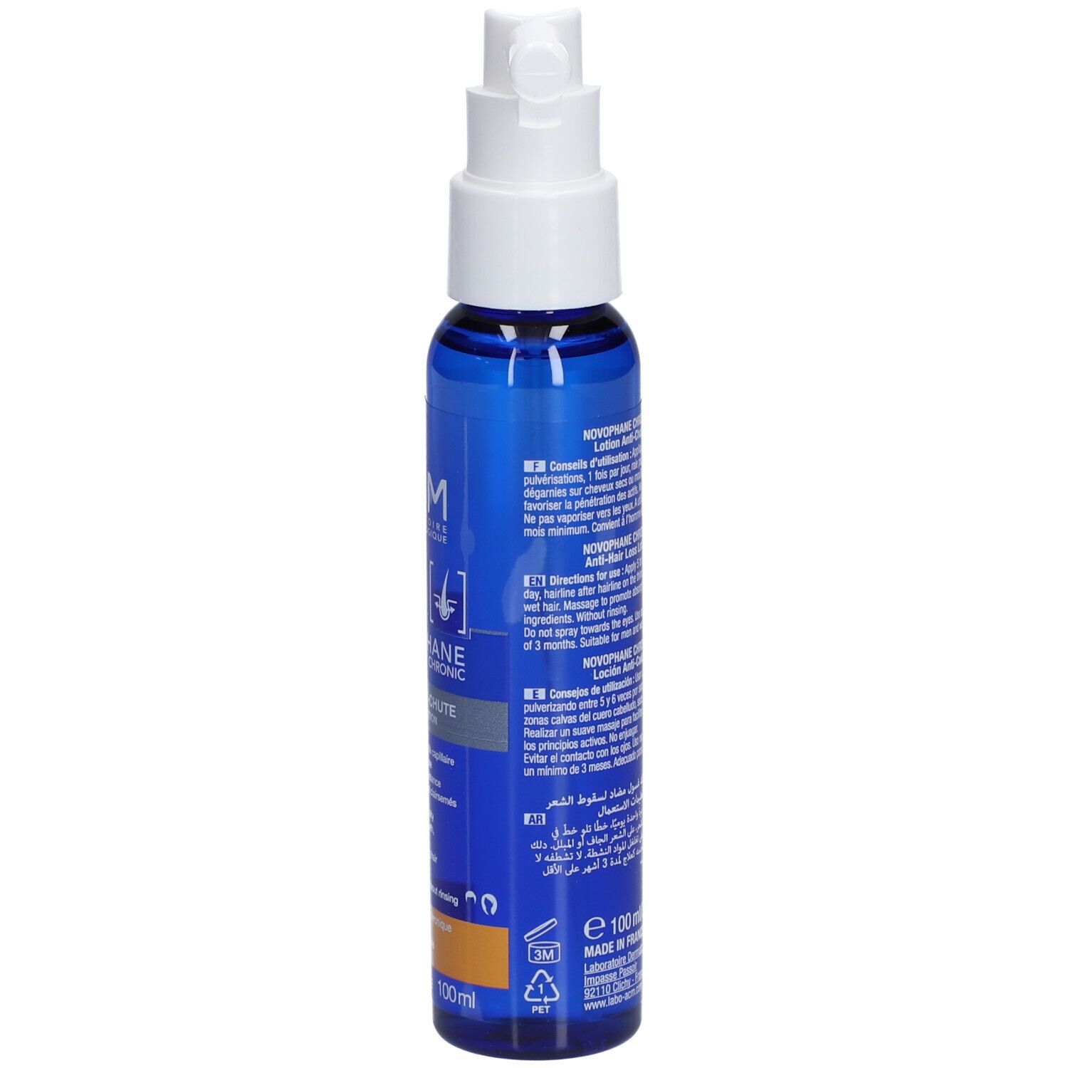 Flacon bleu avec tête de pulvérisation blanche. Inscription: ACM Novophane Lotion anti-chûte de cheveux.