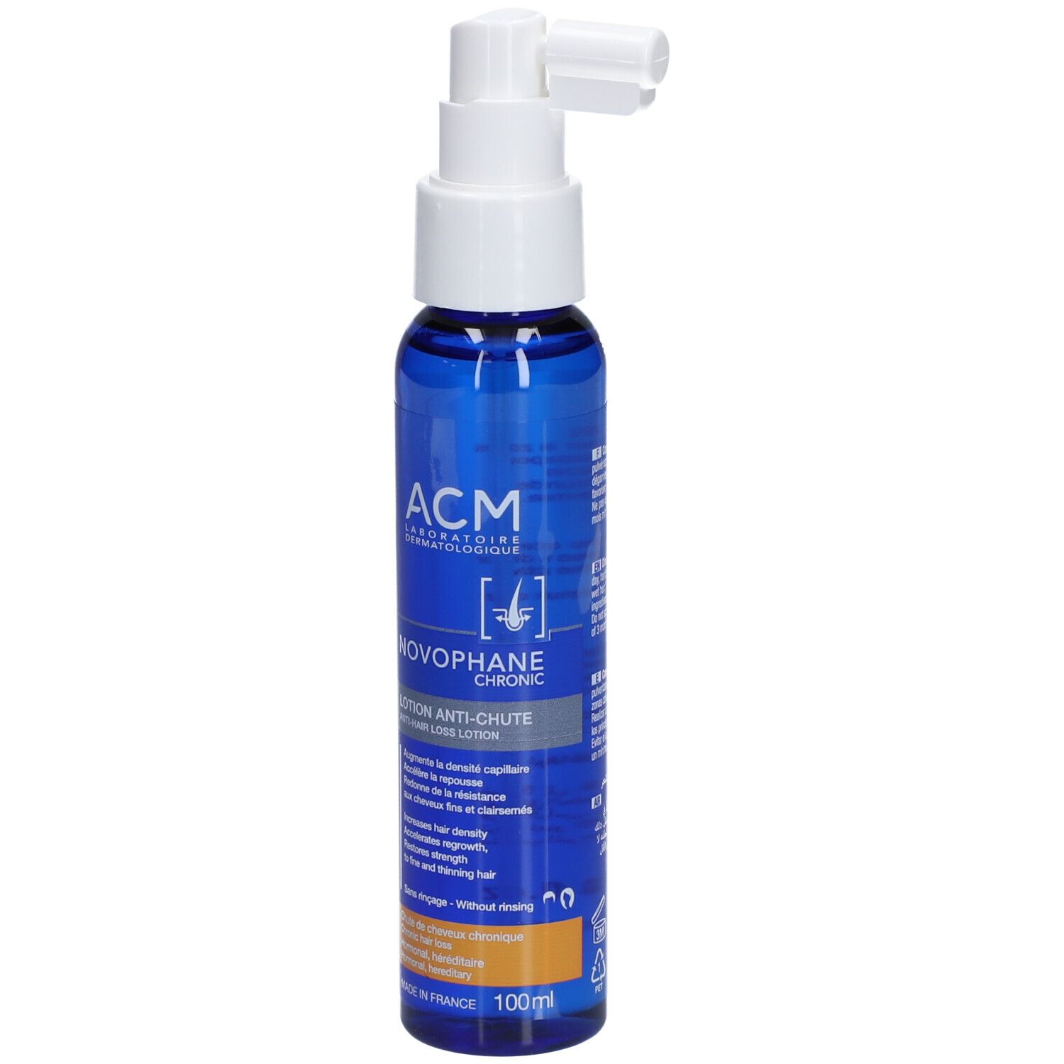 Flacon bleu avec tête de pulvérisation blanche. Inscription: ACM Novophane Lotion anti-chûte de cheveux.
