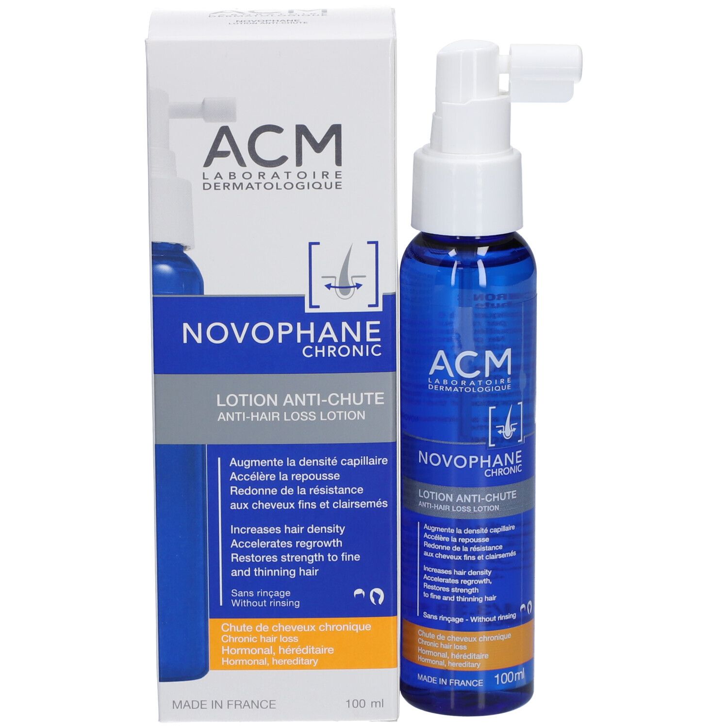 Emballage du produit avec flacon et boîte. Inscription: ACM Novophane Lotion anti-chûte de cheveux.