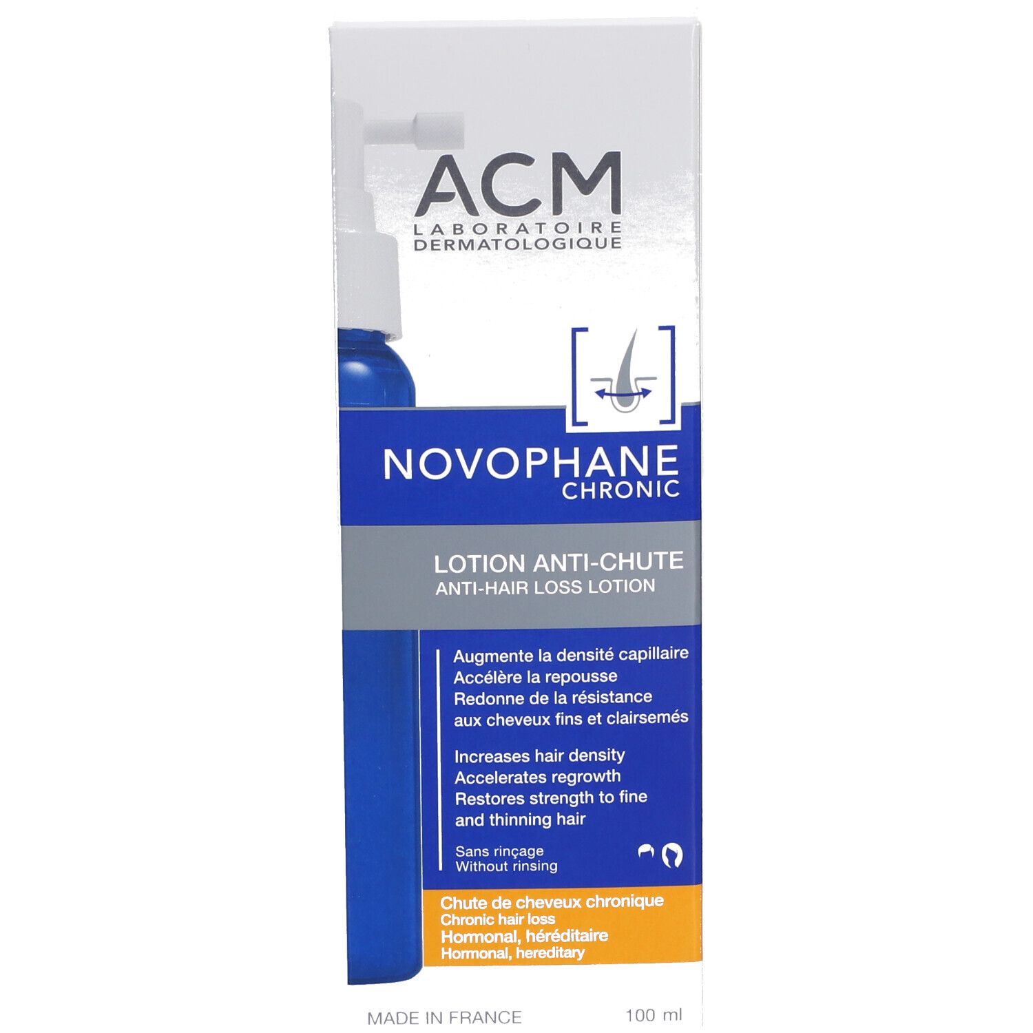 Emballage du produit avec boîte. Inscription: ACM Novophane Lotion anti-chûte de cheveux.