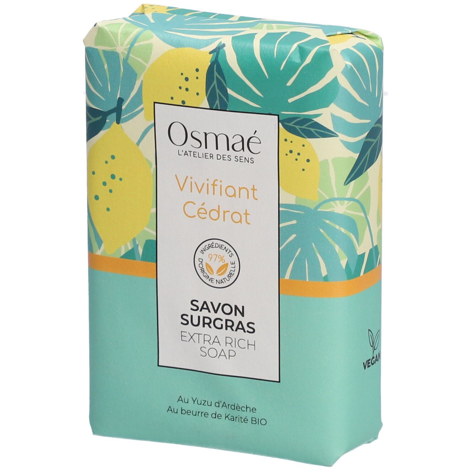 Seife in Papierverpackung. Aufschrift: OSMAE, Vivifiant Cédrat, Savon Surgras. Grün-gelbes Muster.