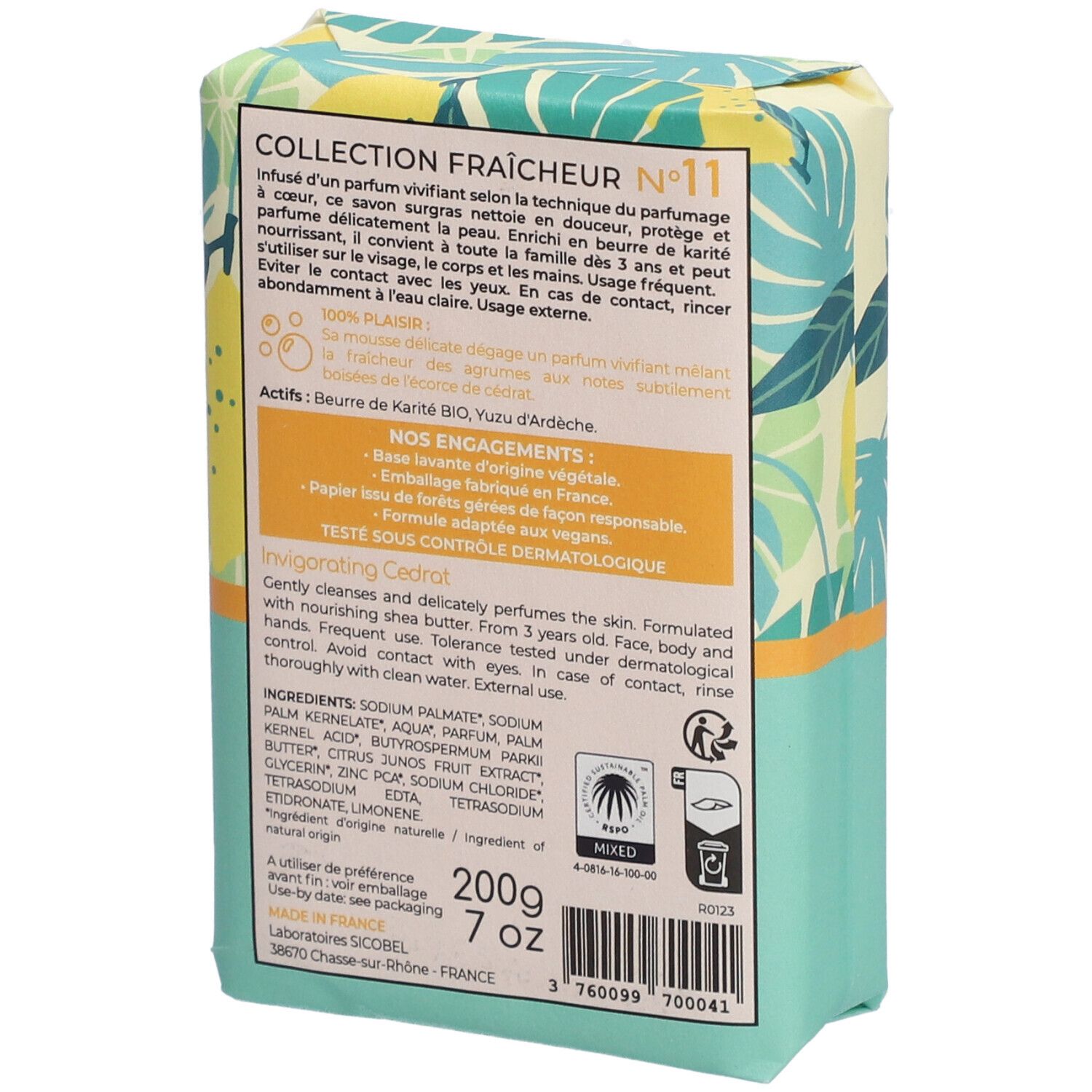 Seife mit Rückseite. Text: COLLECTION FRAÎCHEUR, Inhaltsstoffe, 200g, Vegan-Logo. Grün-gelbes Muster.