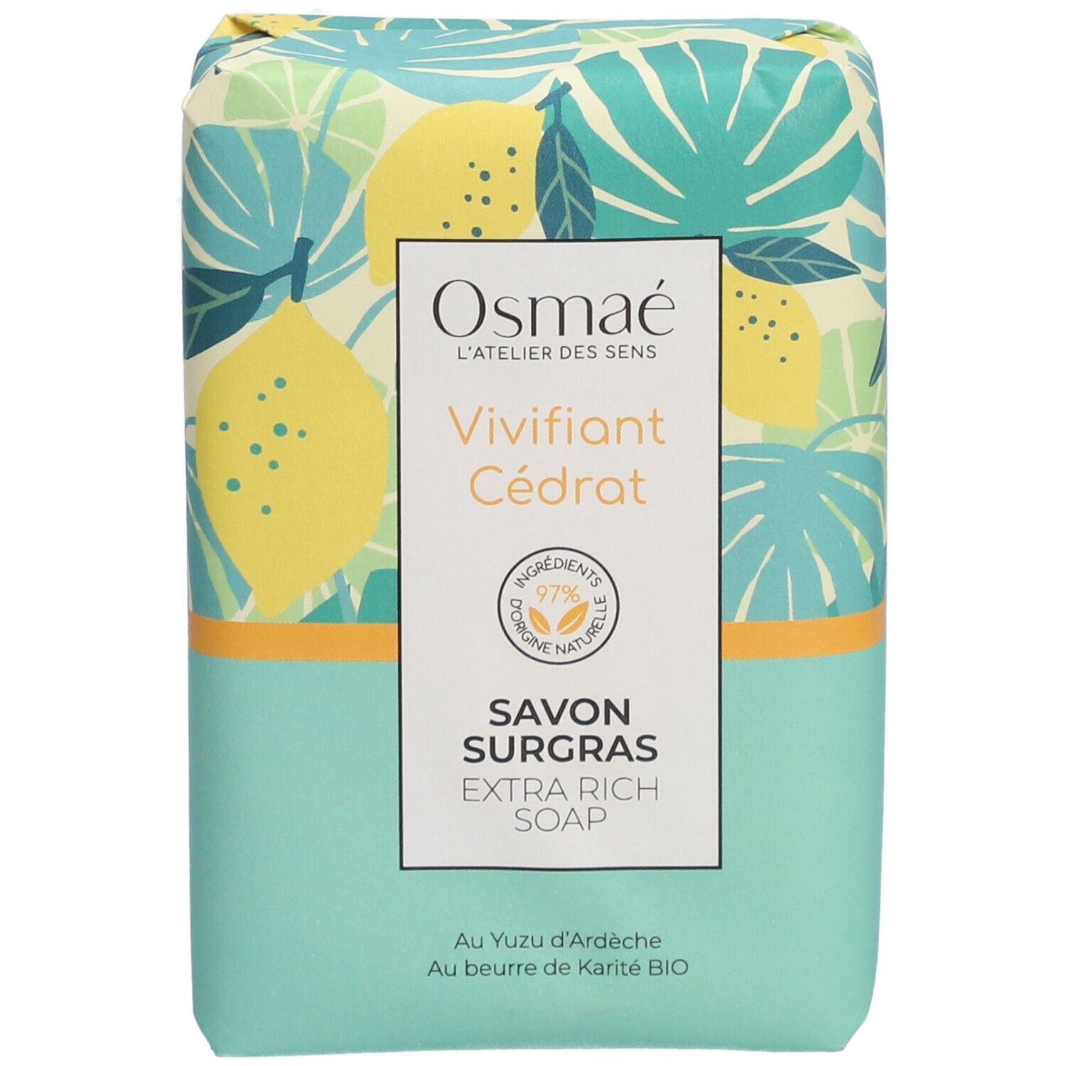 Seife in Papierverpackung. Aufschrift: OSMAE, Vivifiant Cédrat, Savon Surgras. Grün-gelbes Muster.