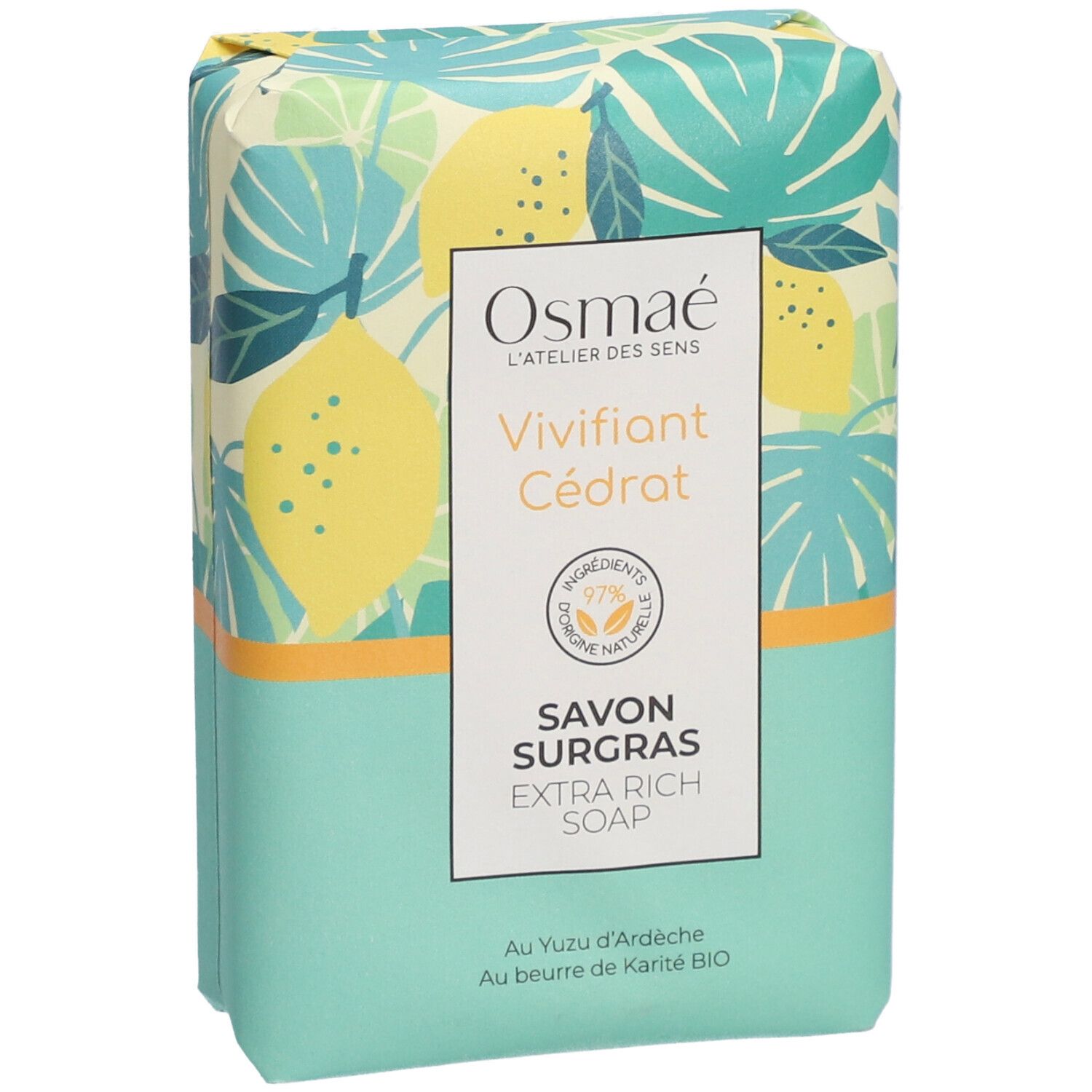 Seife in Papierverpackung. Aufschrift: OSMAE, Vivifiant Cédrat, Savon Surgras. Grün-gelbes Muster.