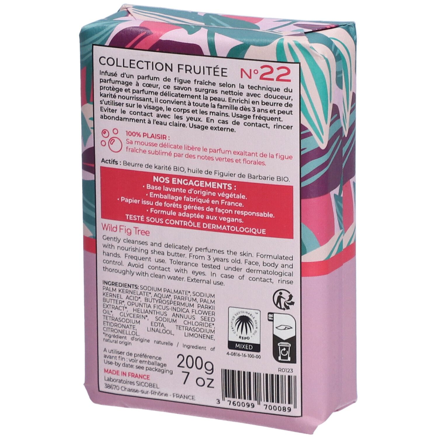 Dos de l'emballage du savon. Texte: Collection Fruitée N°22, ingrédients, 200g, 7 oz. Logo vegan.