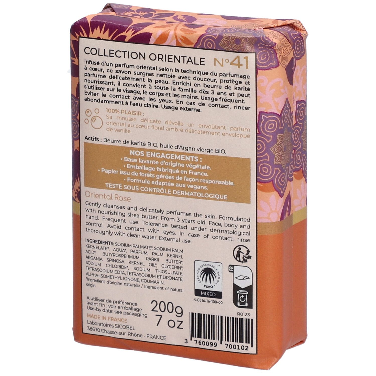 Verpackte Seife, Rückseite. Text: Collection Orientale, Inhaltsstoffe, Gewicht 200g, Testé sous contrôle dermatologique. Floralmuster.