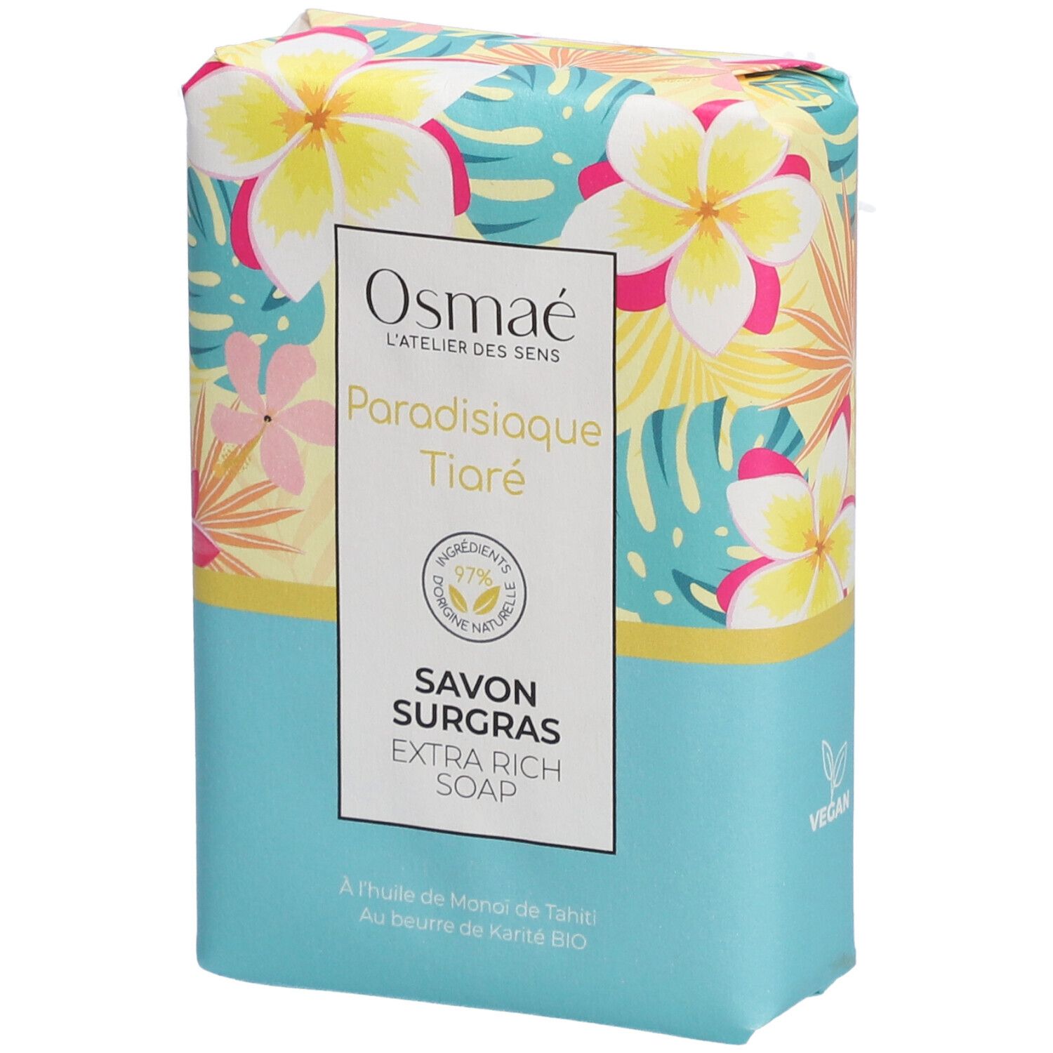 Seife mit floralem Muster. Aufschrift: OSMAE, Paradisiaque Tiaré, Savon Surgras Extra Rich Soap. Vegan-Siegel.