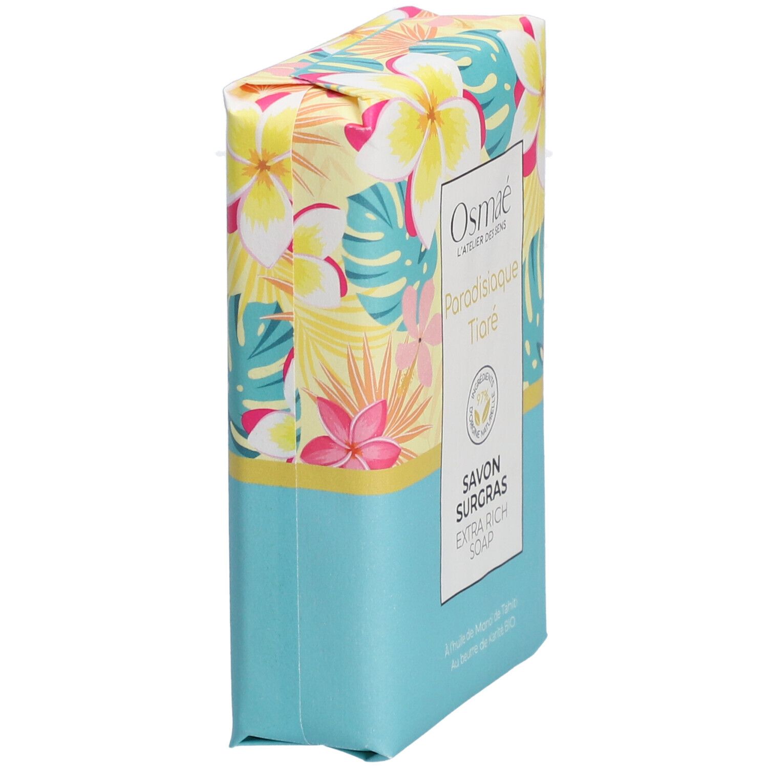 Schräg gestellte Seife mit floralem Muster. Aufschrift: OSMAE, Paradisiaque Tiaré, Savon Surgras Extra Rich Soap.