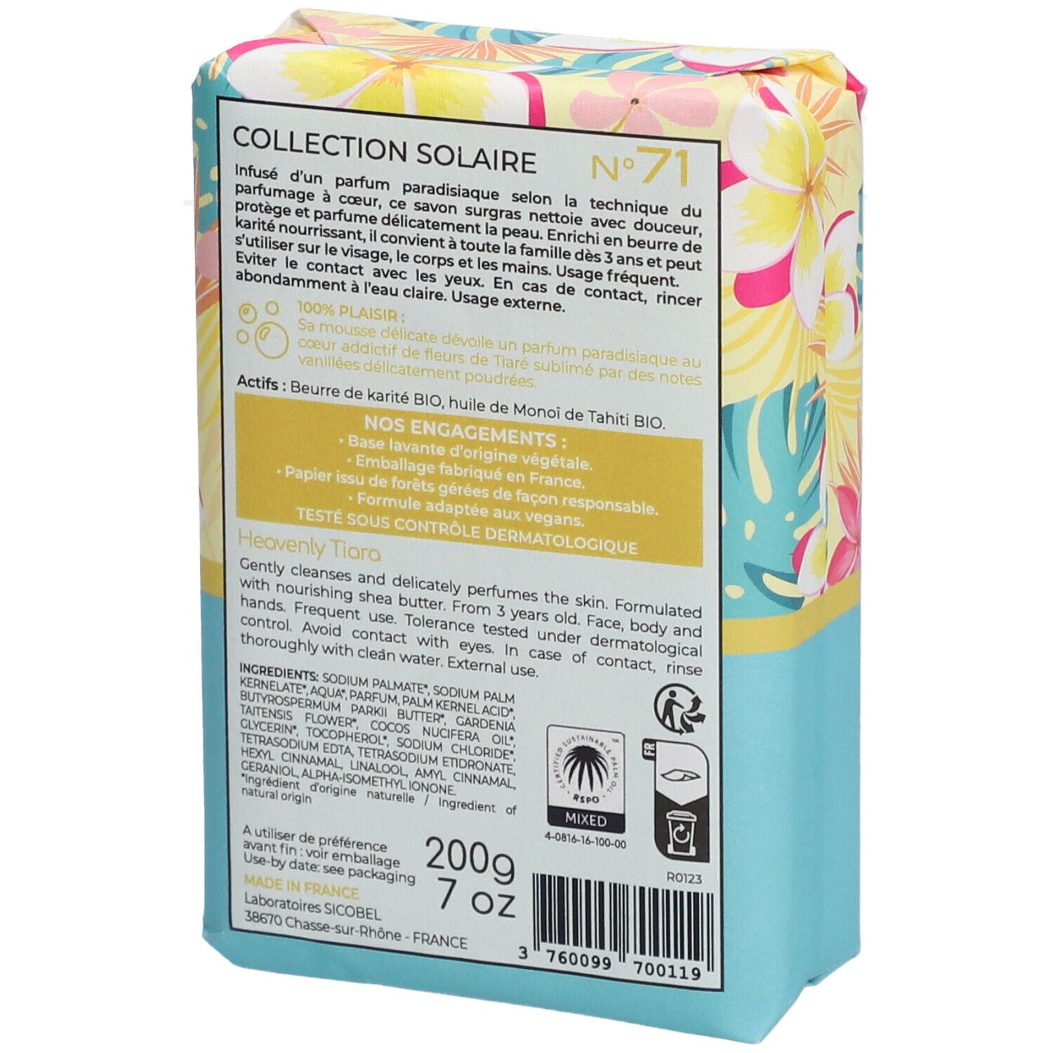 Rückseite der Seife. Text: COLLECTION SOLAIRE, Inhaltsstoffe, Vegan-Siegel, 200g, 7 oz, Herstellerinformationen.