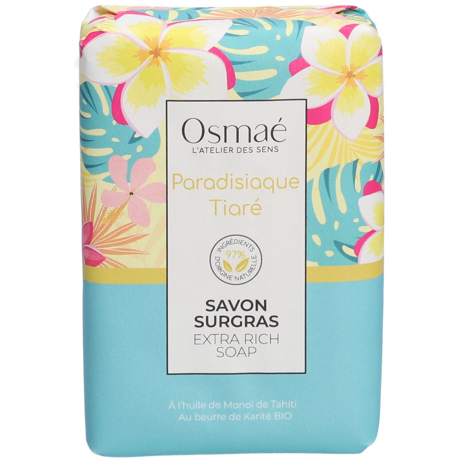 Seife mit floralem Muster. Aufschrift: OSMAE, Paradisiaque Tiaré, Savon Surgras Extra Rich Soap. Vegan-Siegel.