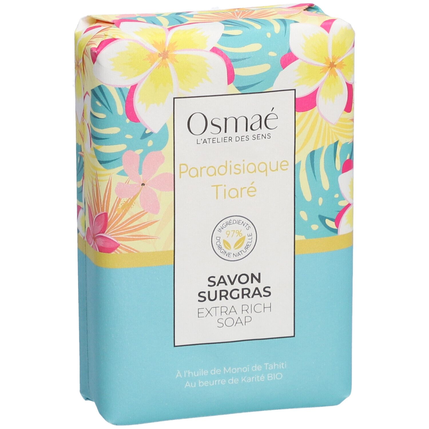 Seife mit floralem Muster. Aufschrift: OSMAE, Paradisiaque Tiaré, Savon Surgras Extra Rich Soap. Vegan-Siegel.