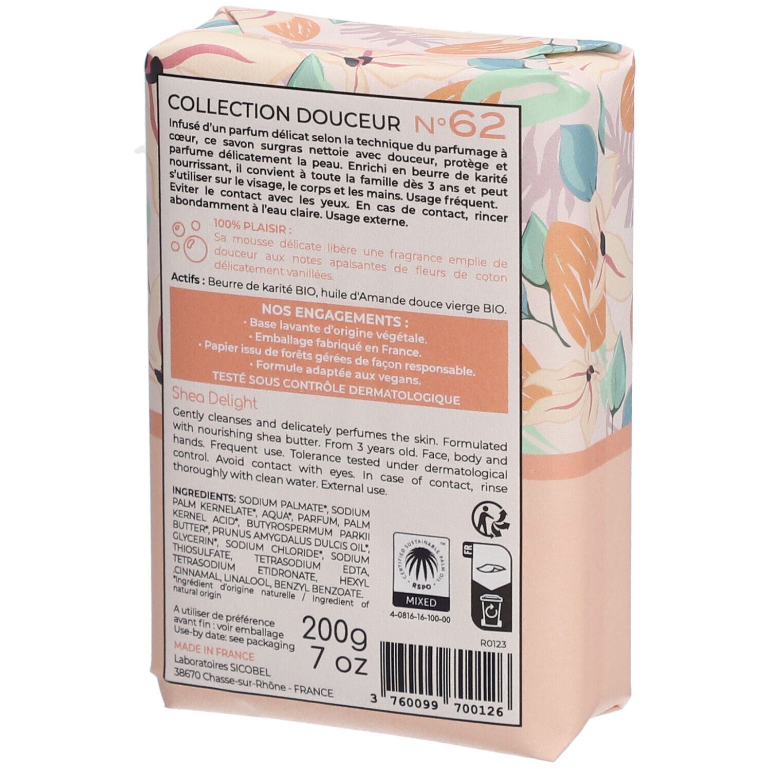 Rückseite der Seifenverpackung. Text: Collection Douceur, Inhaltsstoffe, 200g, 7 oz. Logos: Mixed, Vegan.